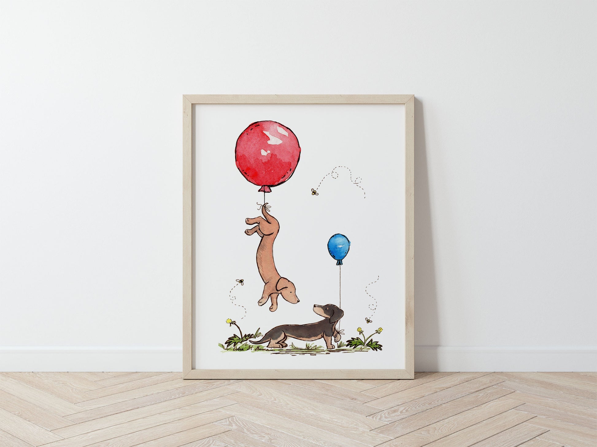 Dachshunds with Balloons Art Print, Puppy Nursery Decor