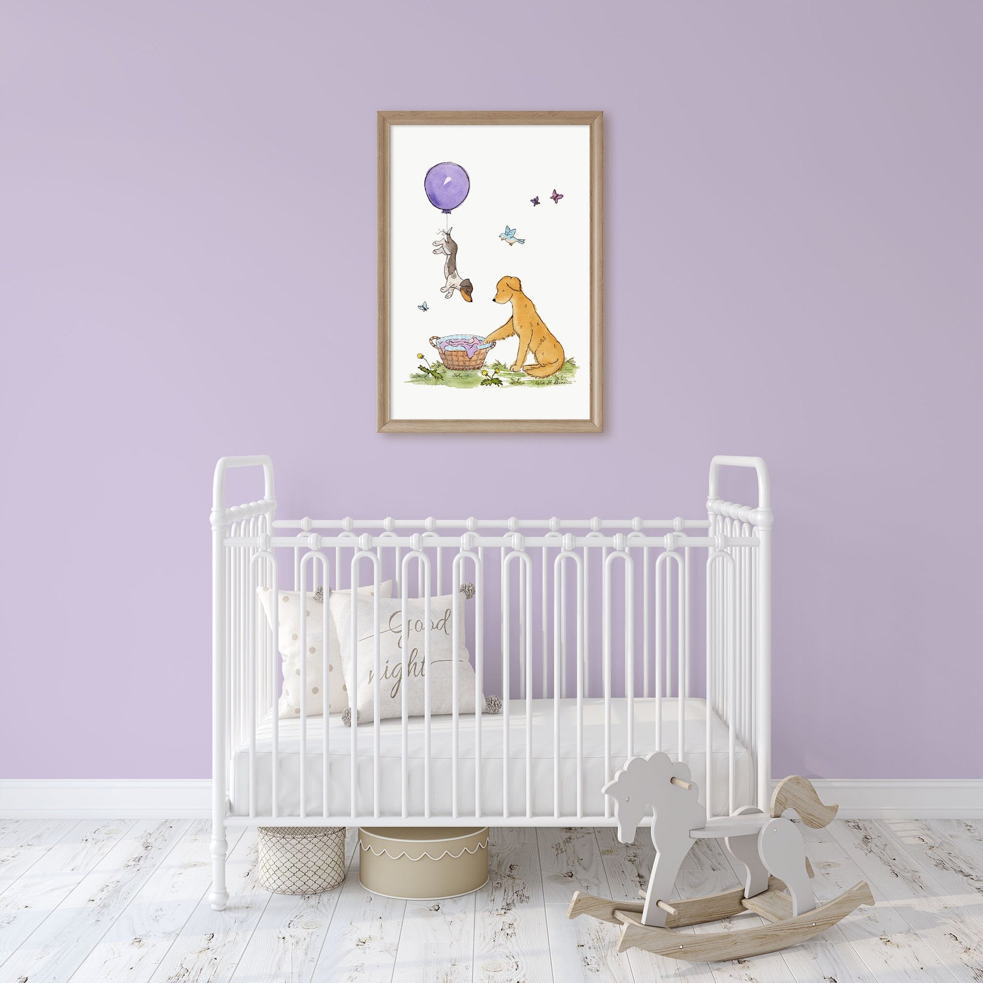 Golden Retriever Nursery Art Print, Dachshund and Golden Retriever with Purple Balloon