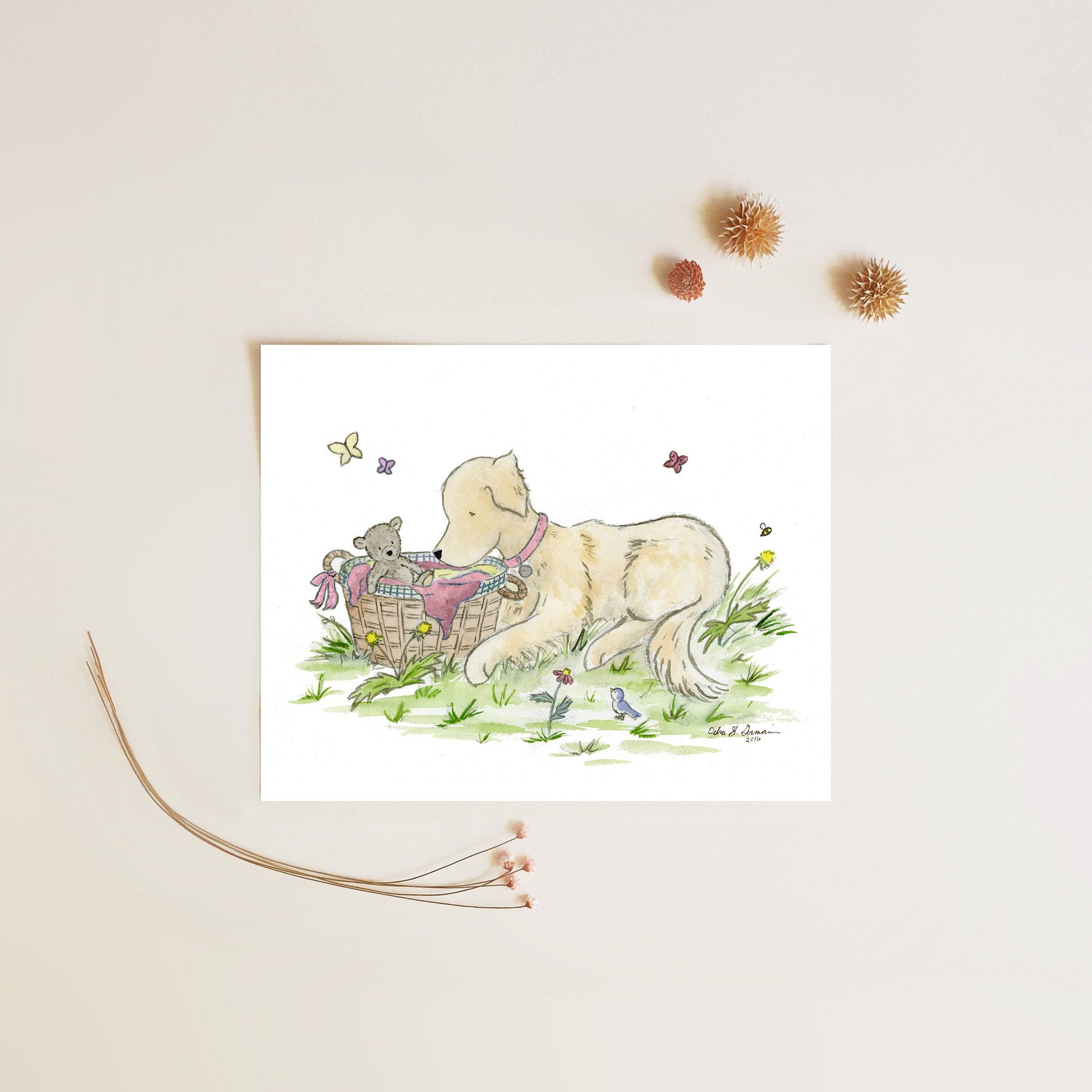 Golden Retriever Art, Watercolor Nursery Print