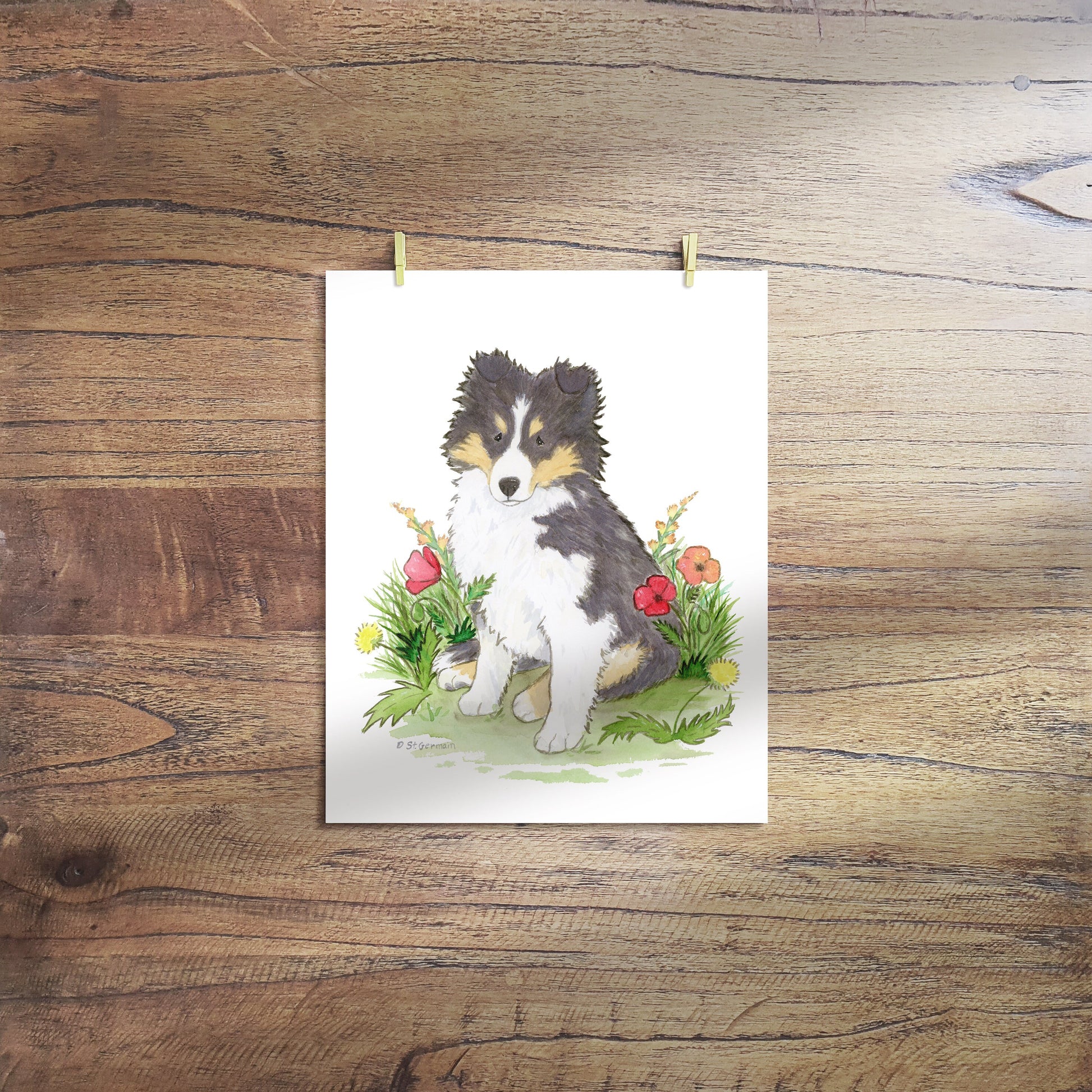 Shetland Sheepdog Art Print, Tricolor Sheltie Puppy with Flowers