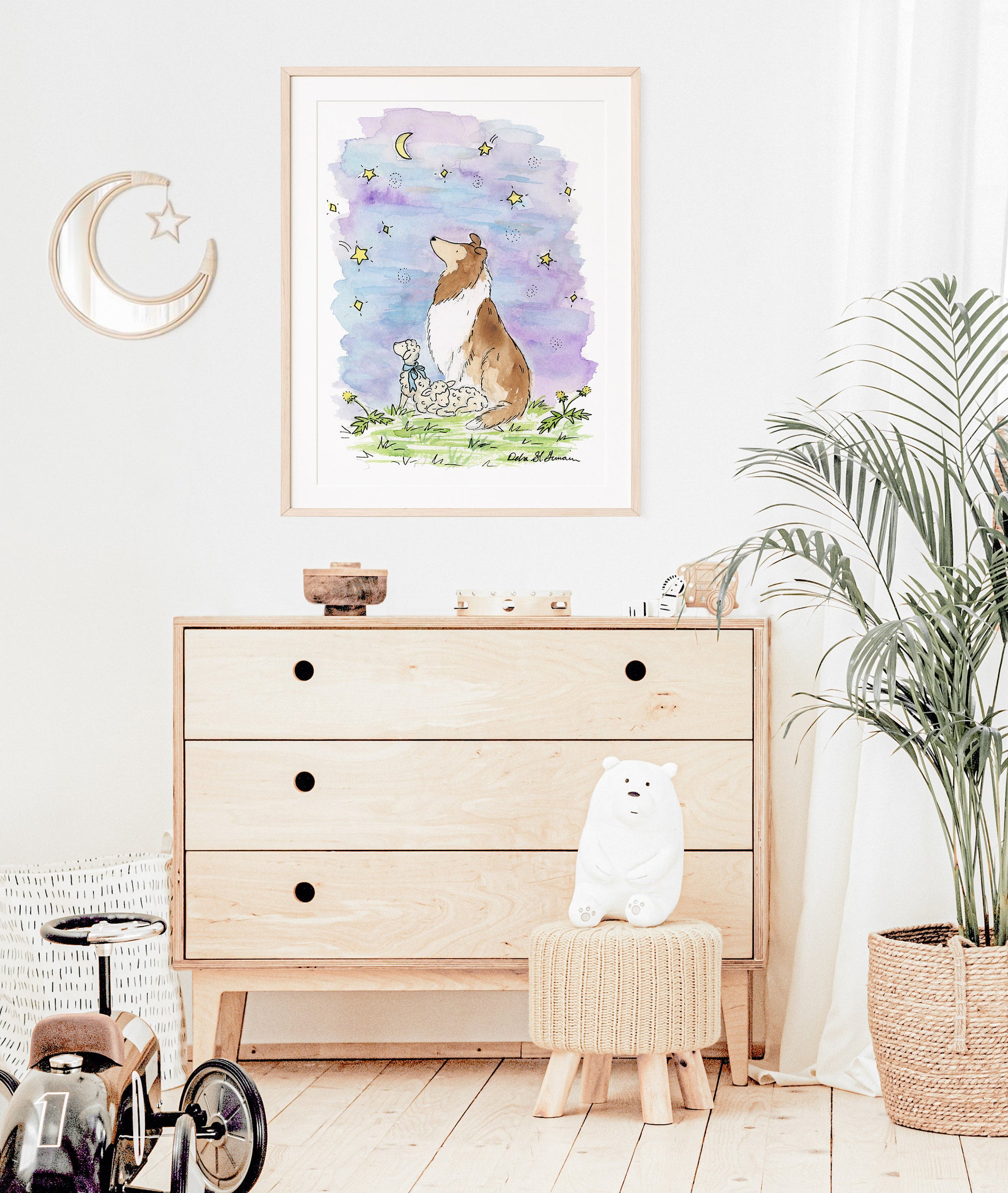 Rough Collie Watercolor Art Print, Wishing Star Nursery Art