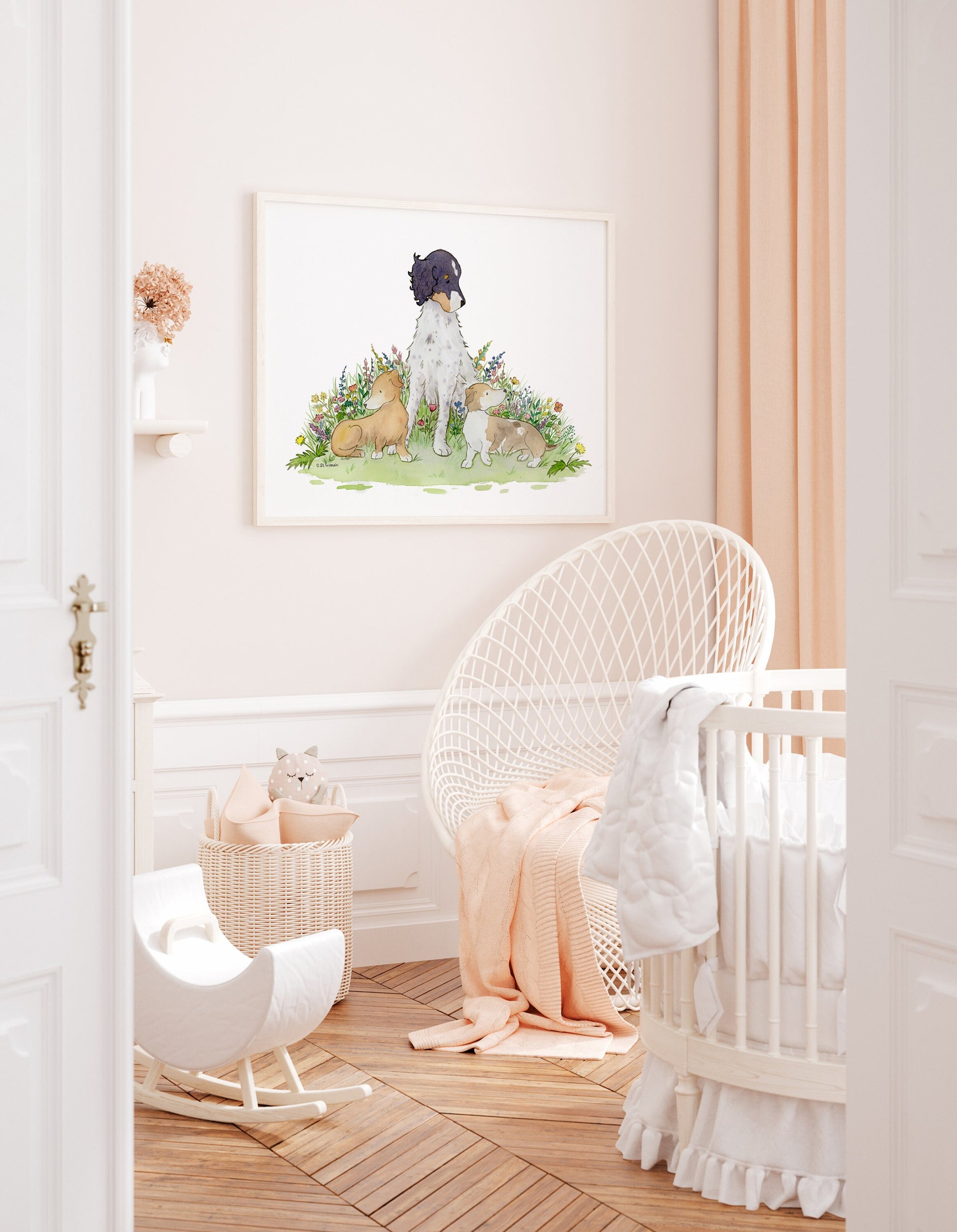 English Setter with Dachshunds Watercolor Art Print