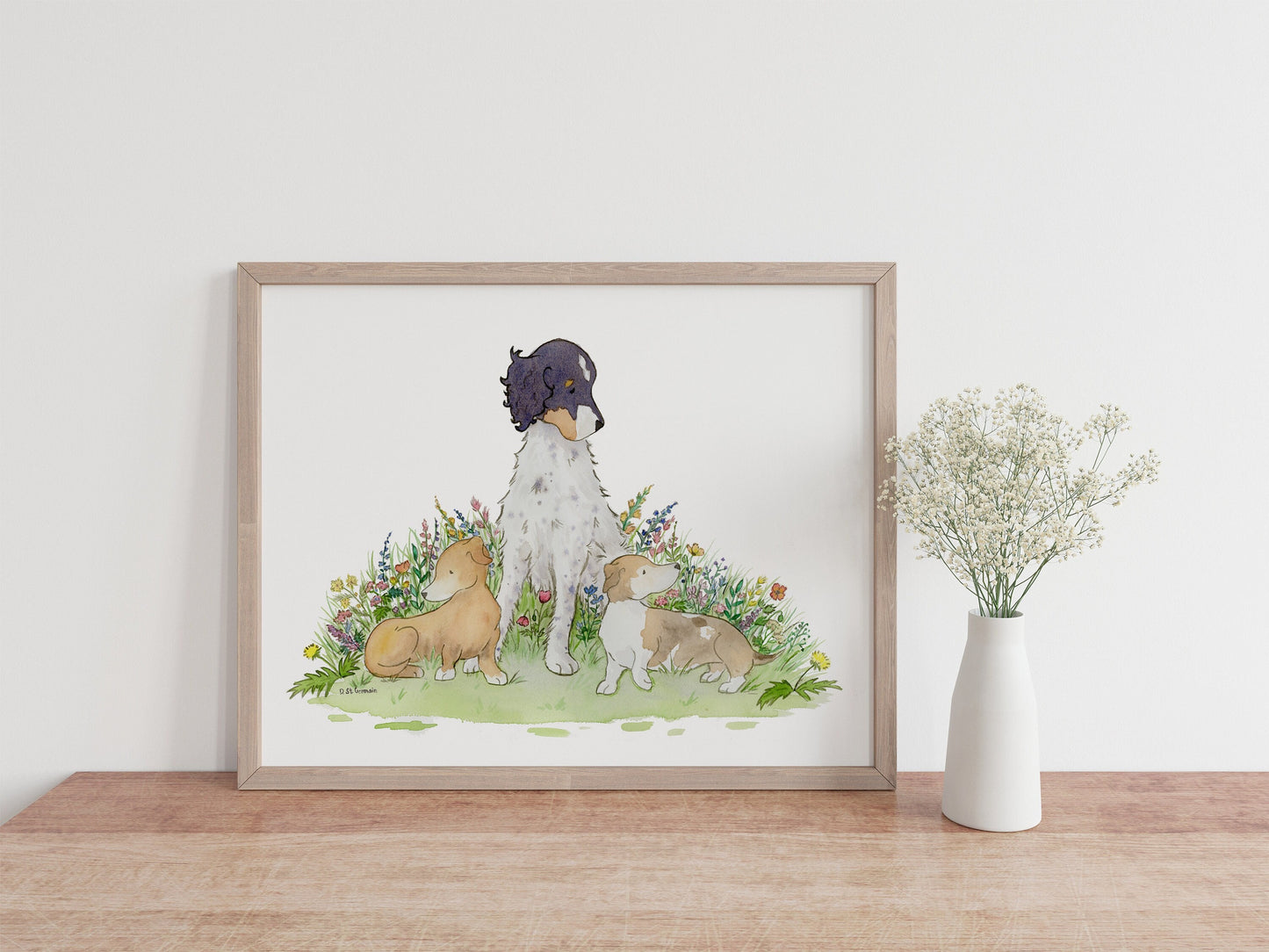 English Setter with Dachshunds Watercolor Art Print