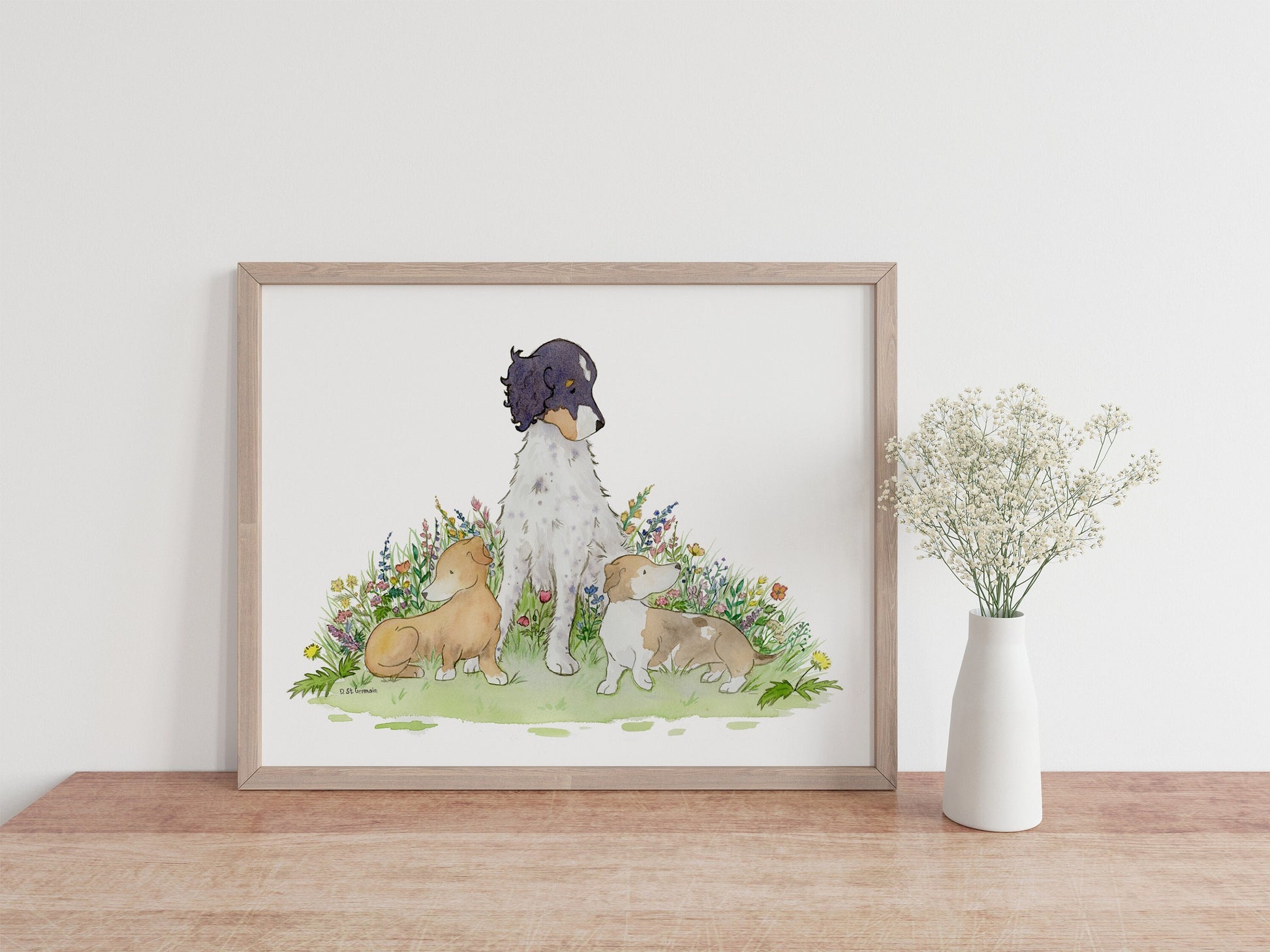 English Setter with Dachshunds Watercolor Art Print