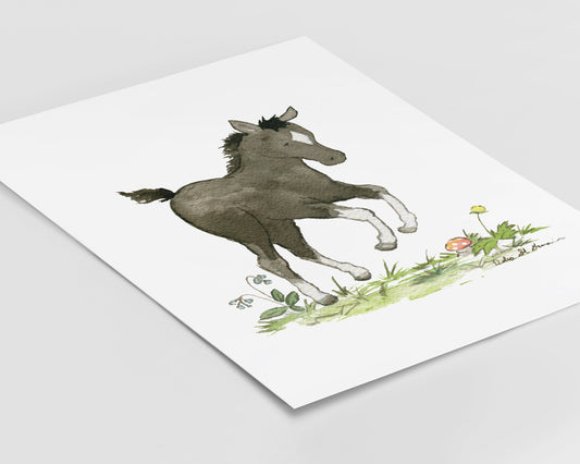 Pony Art, Black Foal Watercolor Print, Horse Nursery Art