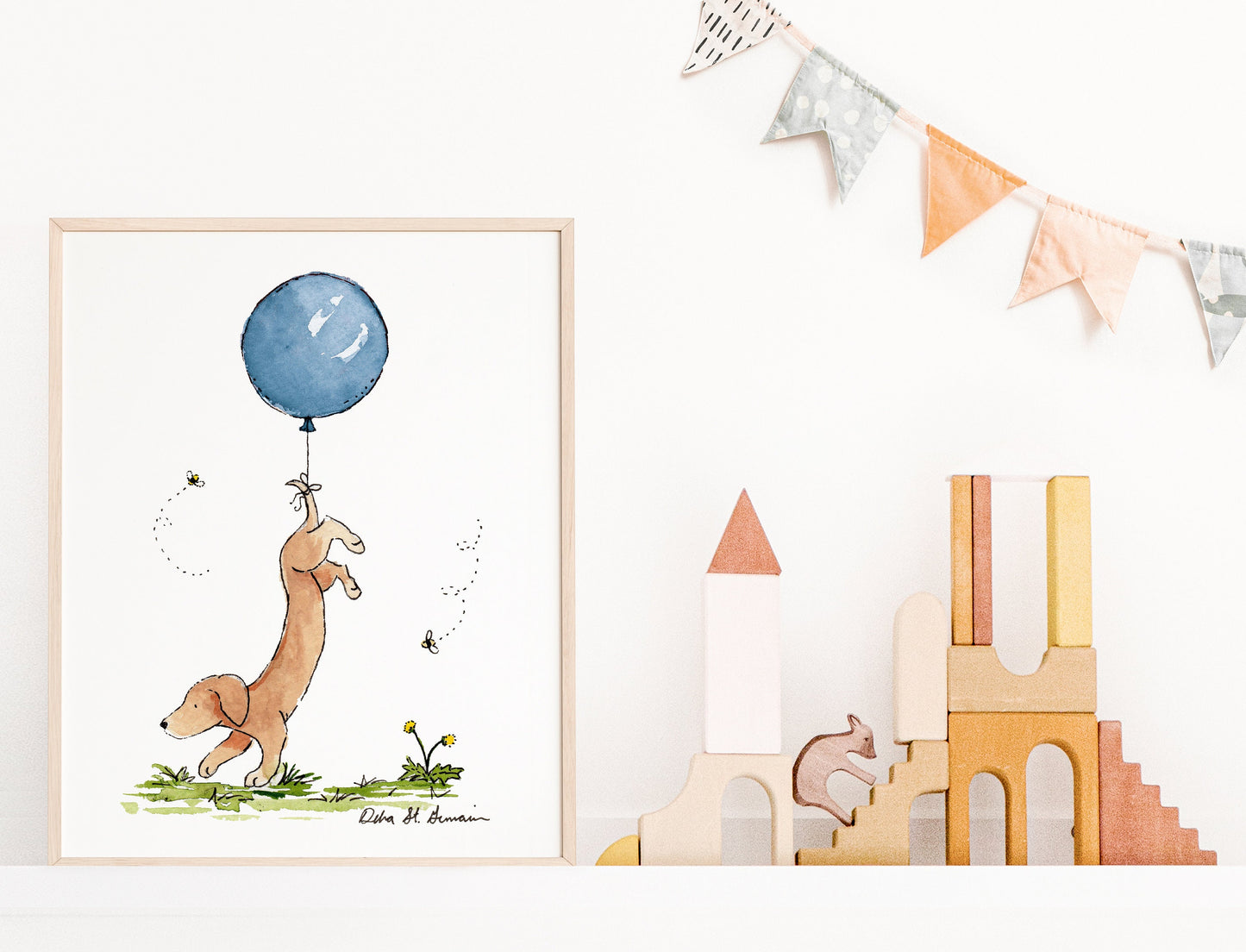 Dachshund with Blue Balloon Art Print, Puppy Nursery Art, Wiener Dog Gift