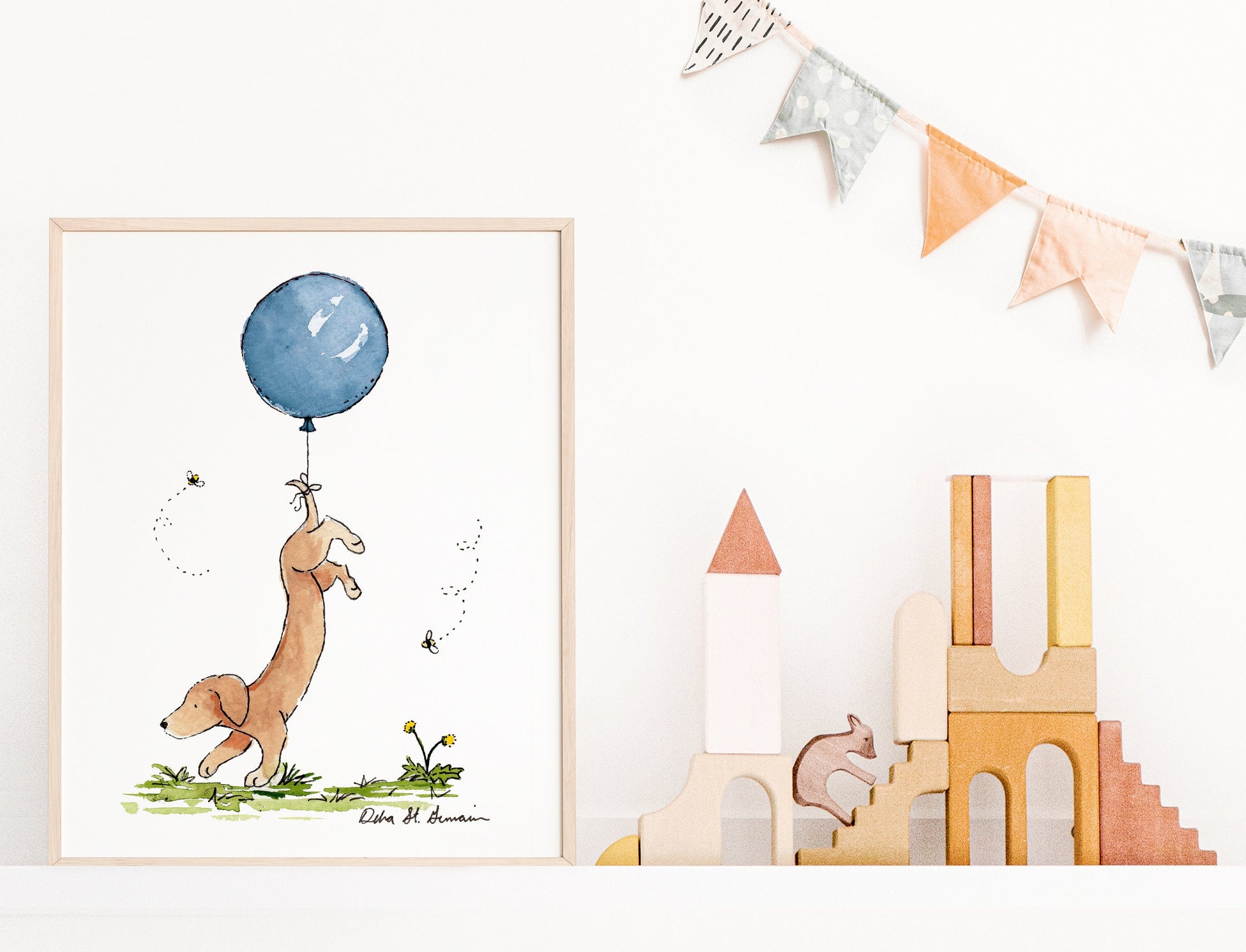 Dachshund with Blue Balloon Art Print, Puppy Nursery Art, Wiener Dog Gift