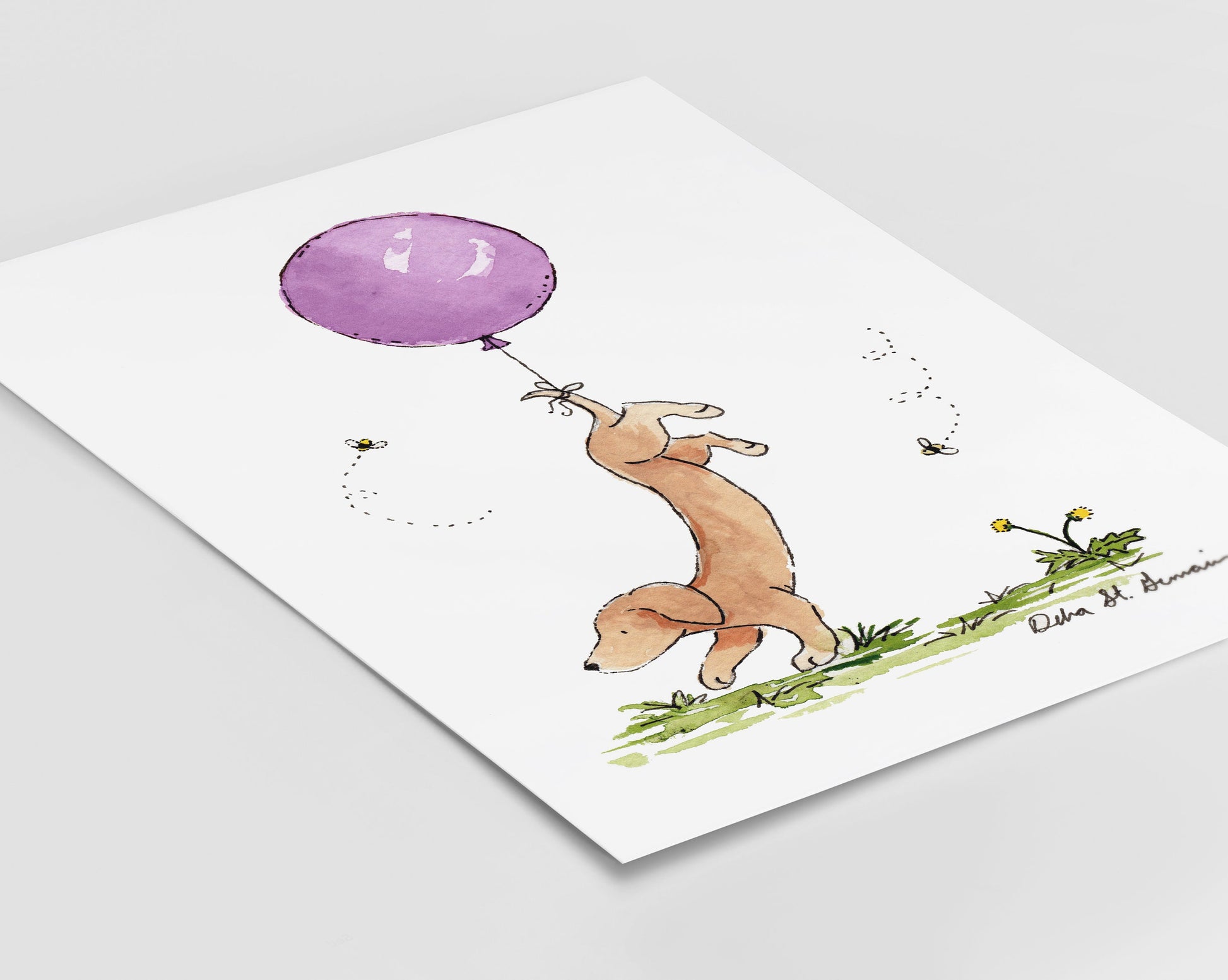 Dachshund Art Print, Dachshund with Purple Balloon