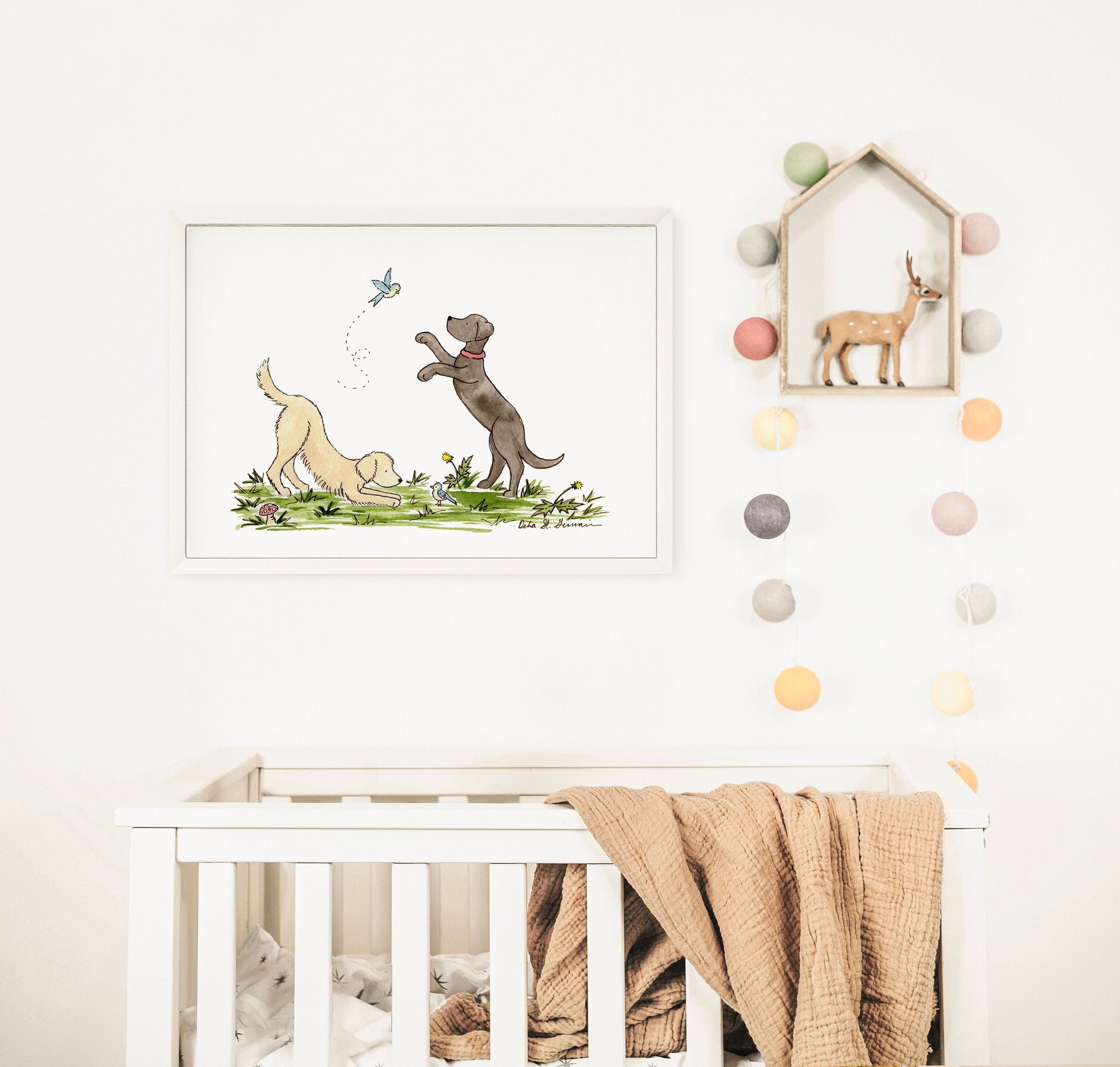 Golden Retriever and Black Lab Art Print, Puppy Nursery Art