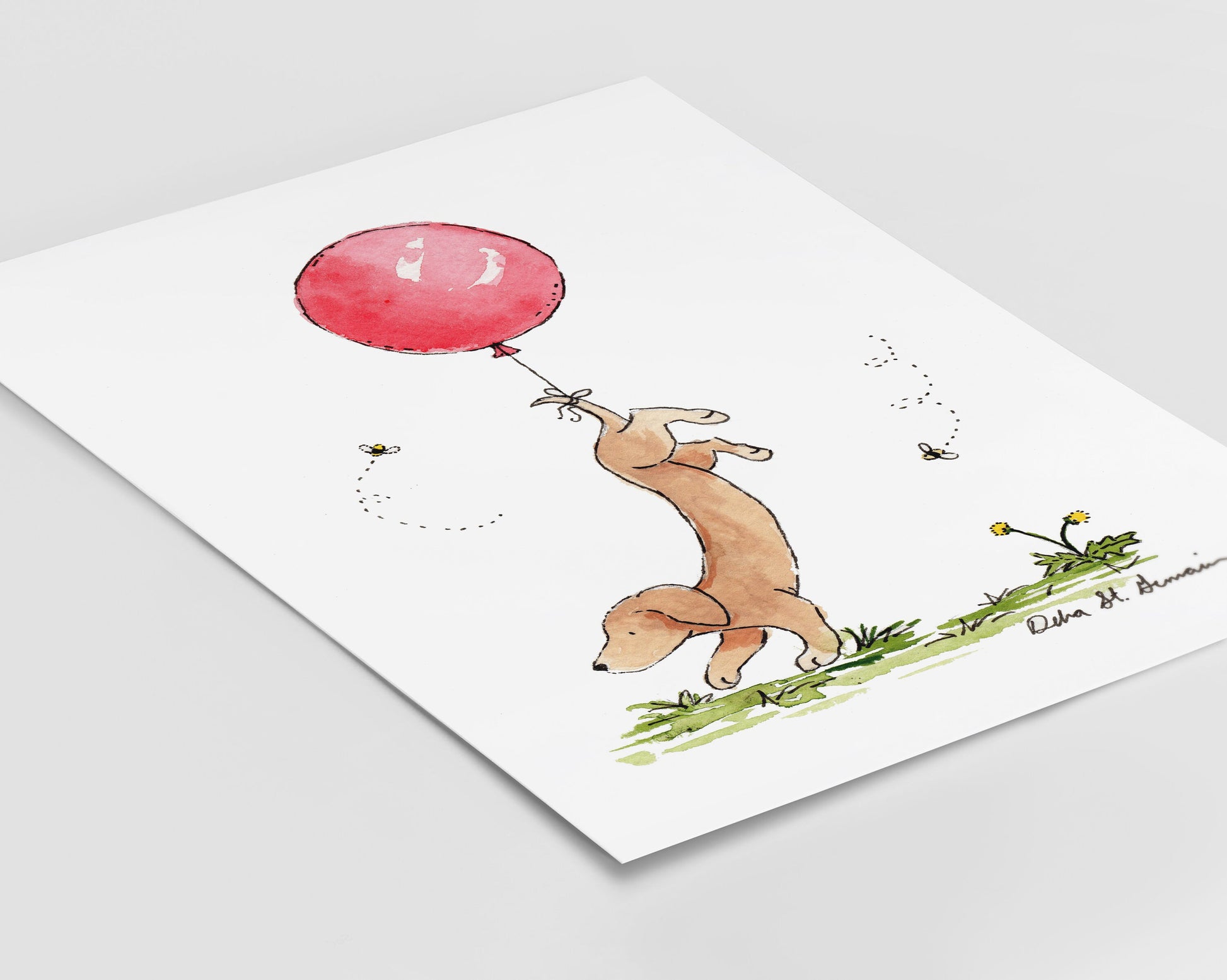 Dachshund Red Balloon Watercolor Art Print, Gift for Dachshund Lovers