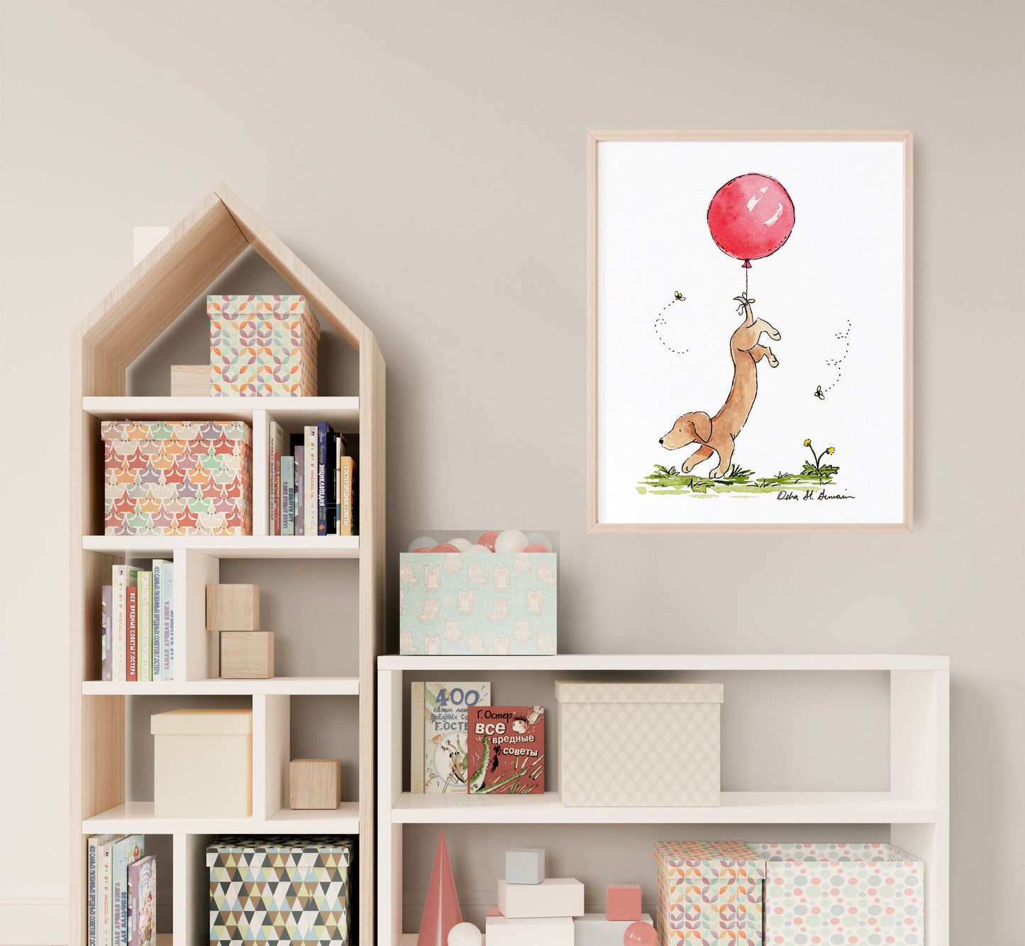 Dachshund Red Balloon Watercolor Art Print, Gift for Dachshund Lovers