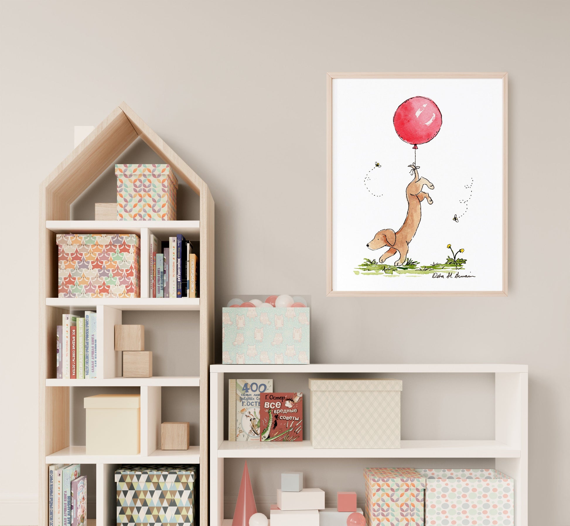 Dachshund Red Balloon Watercolor Art Print, Gift for Dachshund Lovers