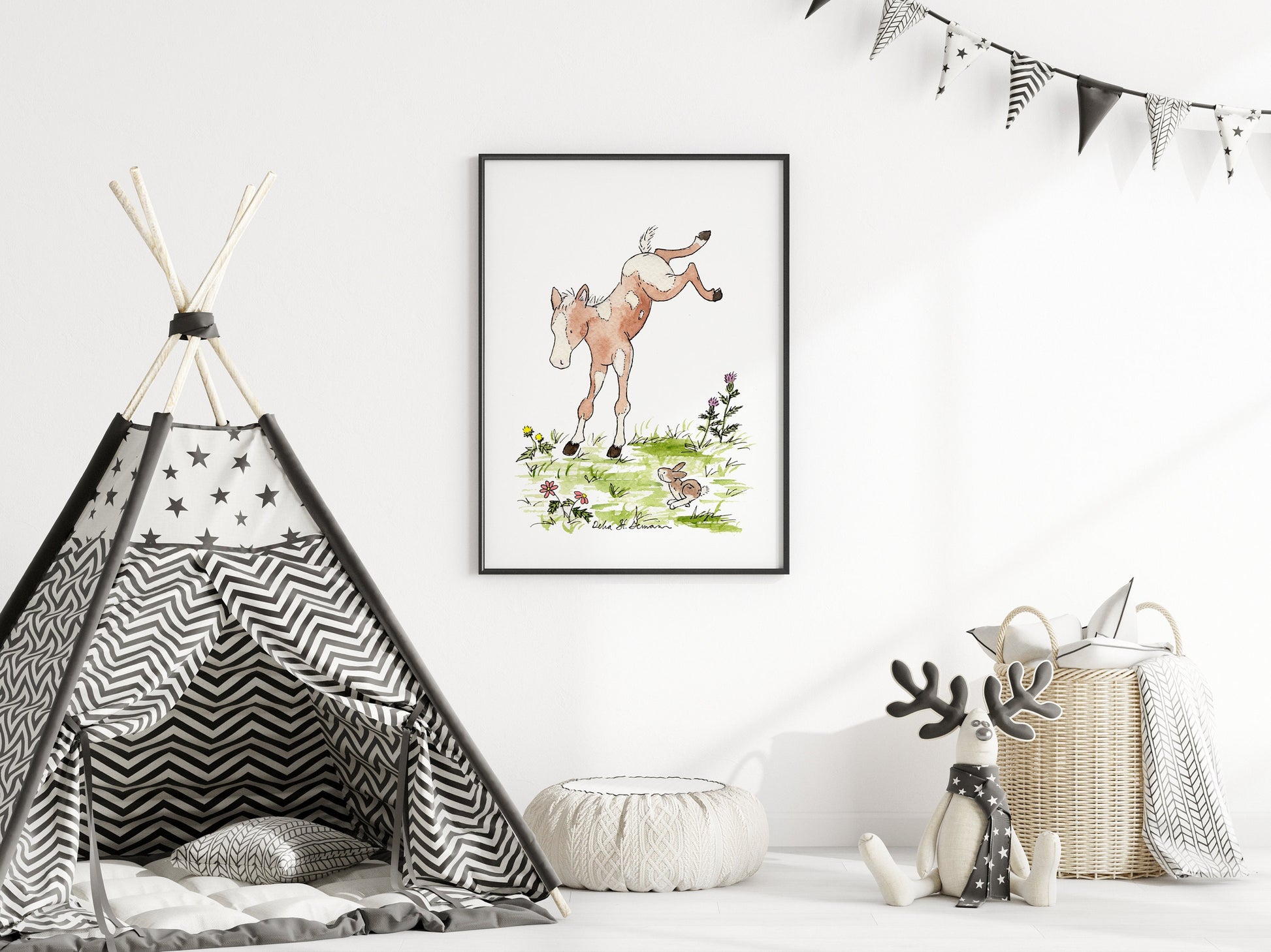 Watercolor Bucking Foal Print, Farm Nursery Art