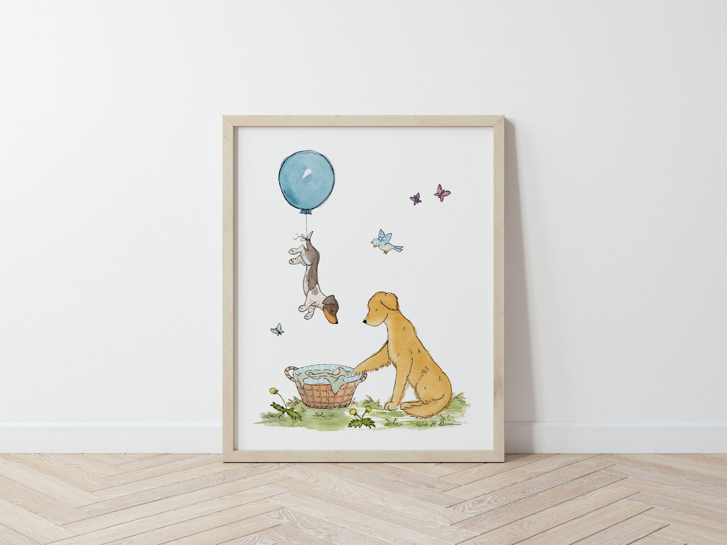 Puppy Nursery Art Print, Golden Retriever and Dachshund with Balloon
