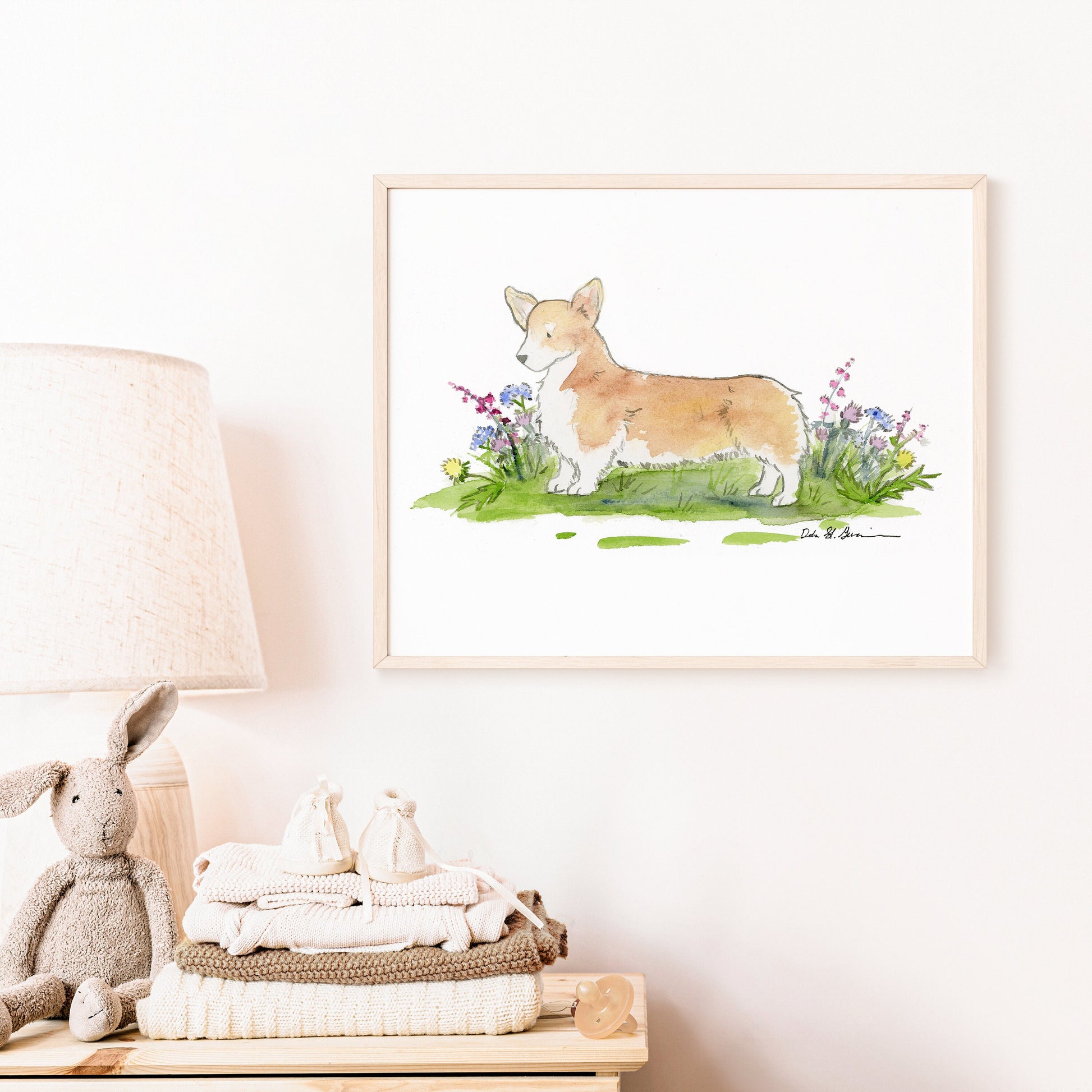 Welsh Corgi Art Print, Corgi and Wildflowers