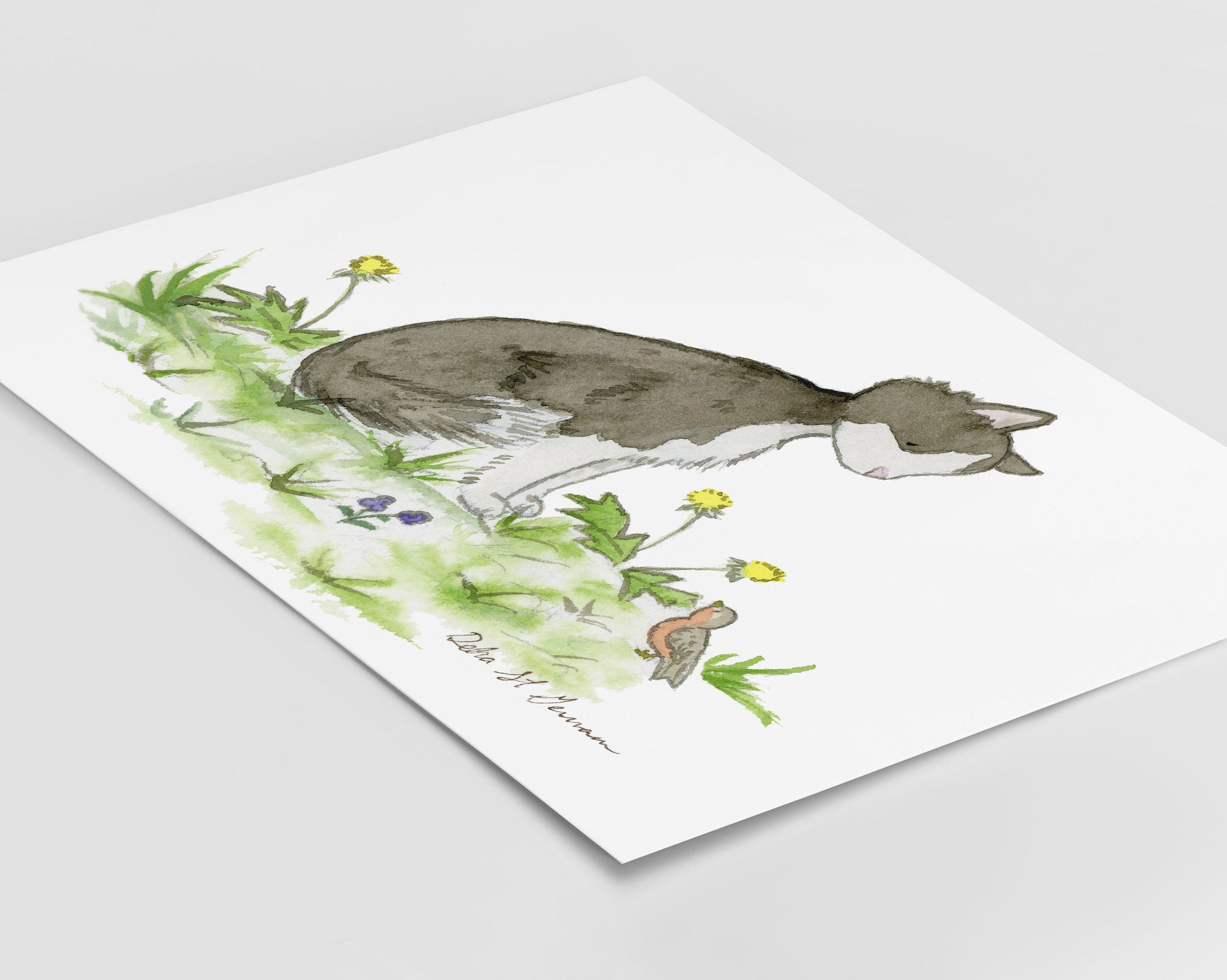 Tuxedo Cat Print, Kitten Nursery Art, Black and White Cat Watercolor