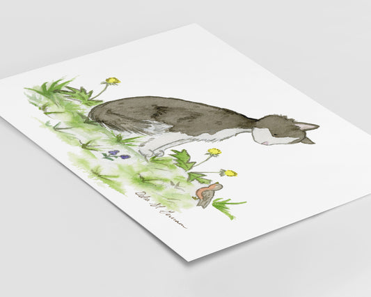 Tuxedo Cat Print, Kitten Nursery Art, Black and White Cat Watercolor