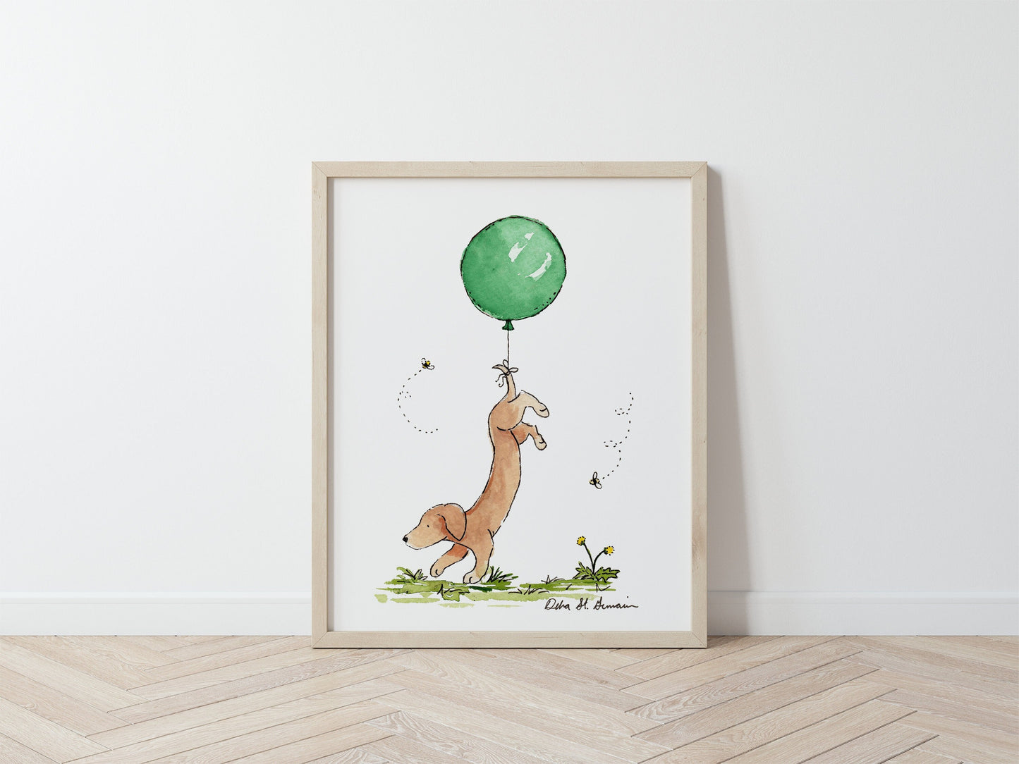 Dachshund With Green Balloon Watercolor Art Print