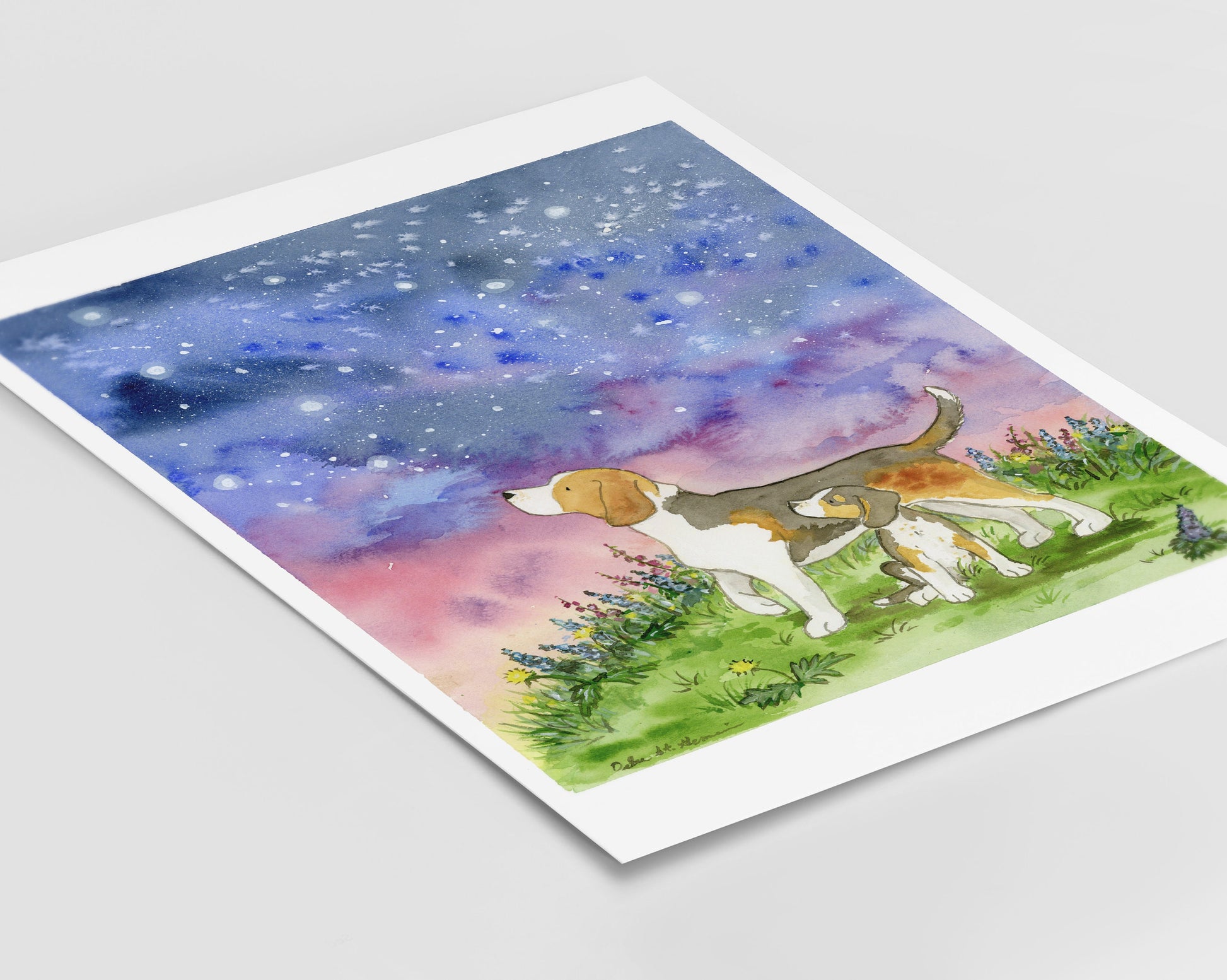 Beagle Art, Starry Skies Watercolor Print, Beagle Painting, Art for Dog Lovers