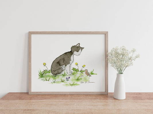 Tuxedo Cat Print, Kitten Nursery Art, Black and White Cat Watercolor