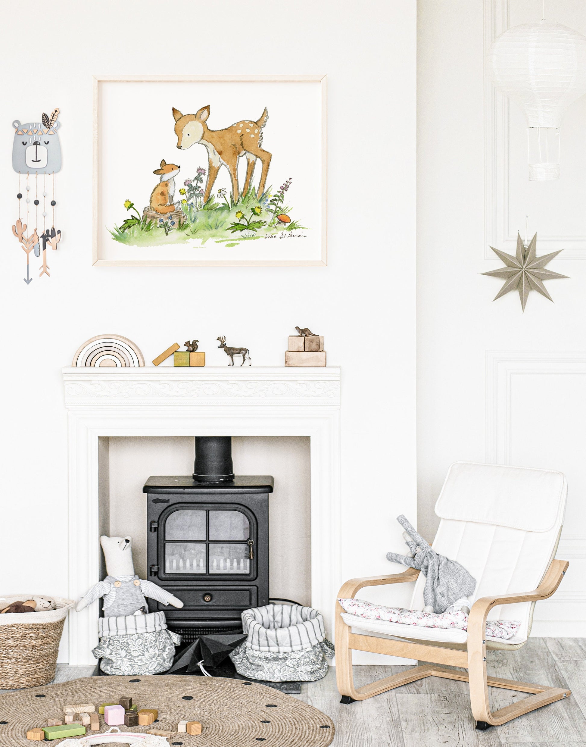 Woodland Nursery Art- Fawn and Fox Watercolor Print