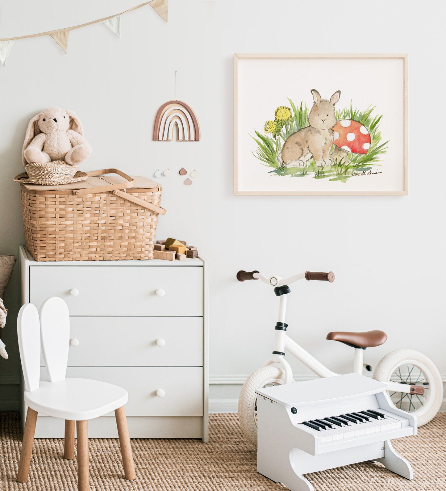 Woodland Nursery Art, Bunny with Mushroom Watercolor Print