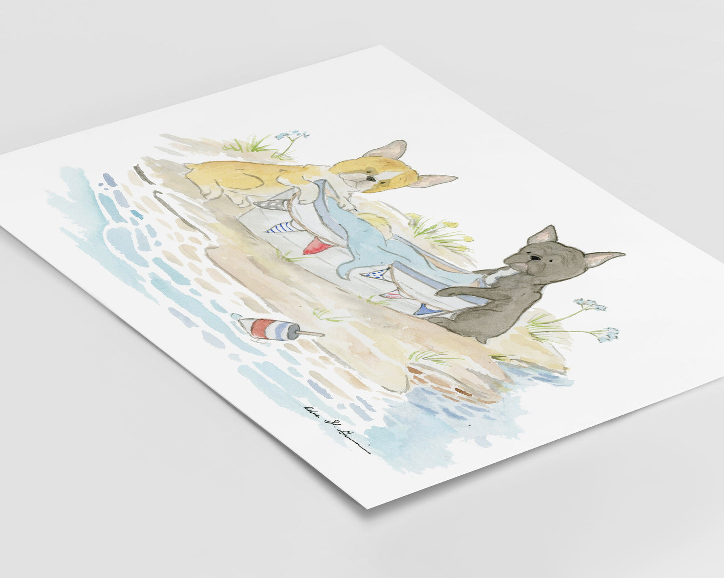 French Bulldog Art Print- Watercolor Bulldogs at the Beach, Puppy Nursery Art