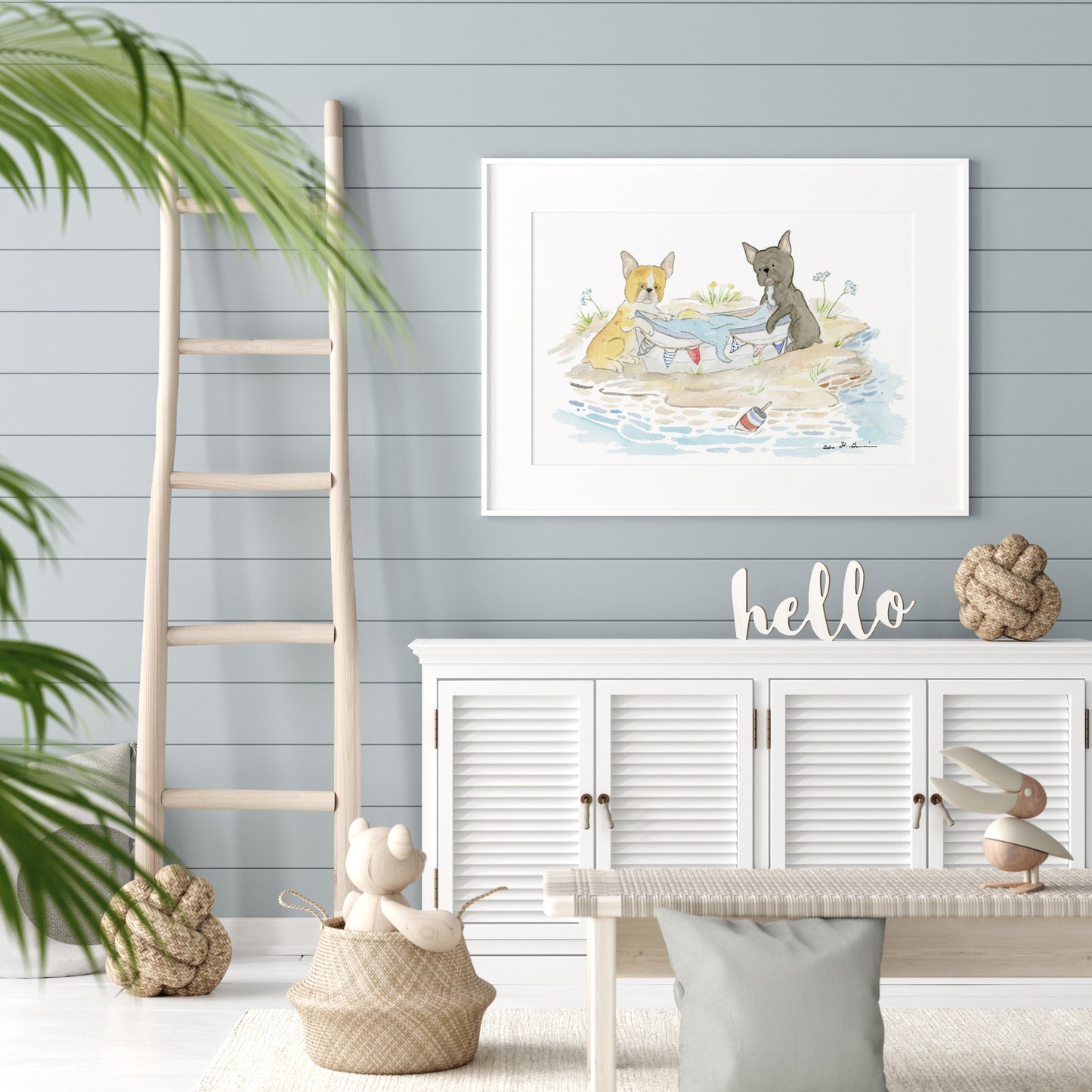 French Bulldog Art Print- Watercolor Bulldogs at the Beach, Puppy Nursery Art