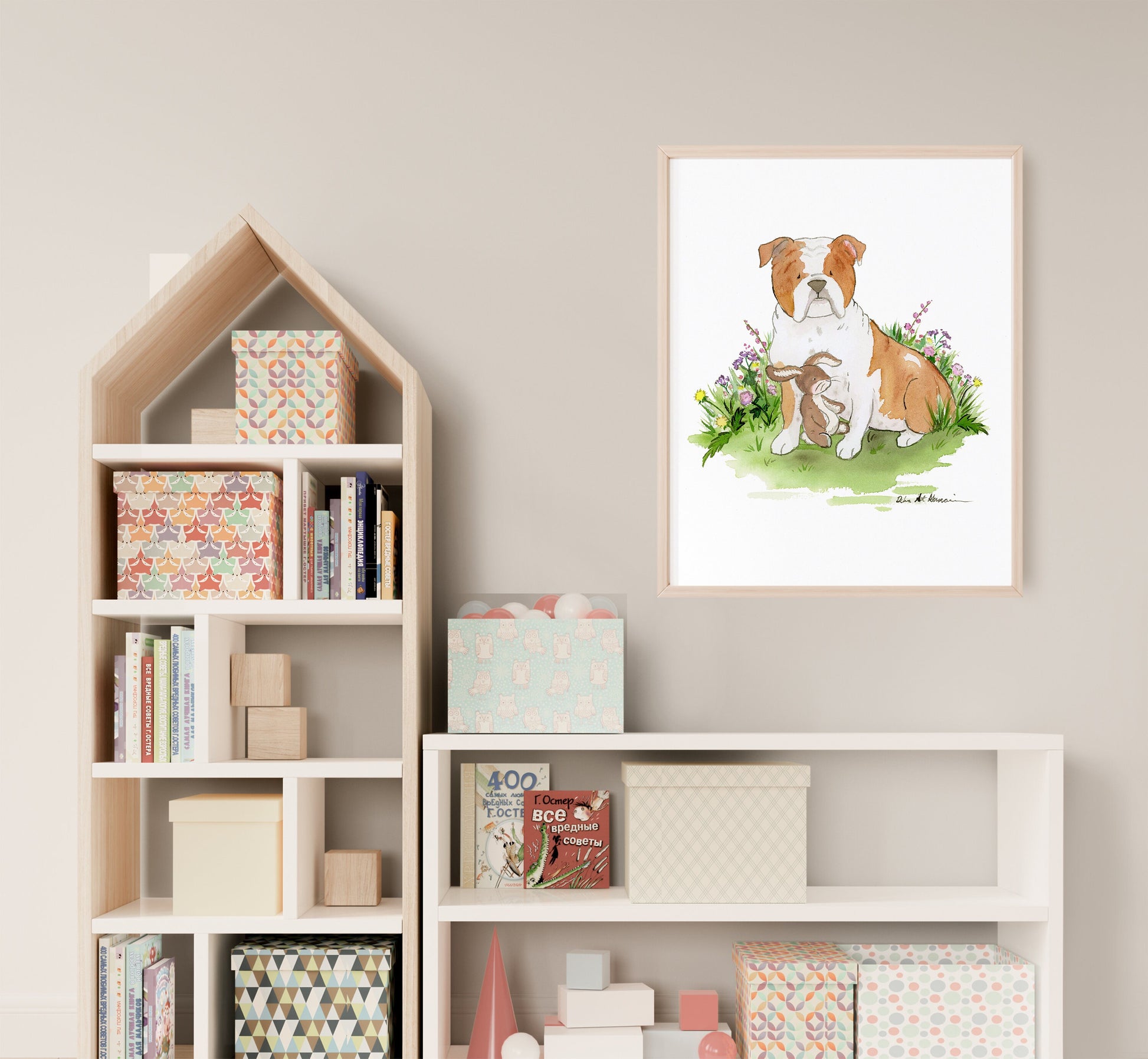 English Bulldog Watercolor Illustration Print, Bulldog with Bunny Art