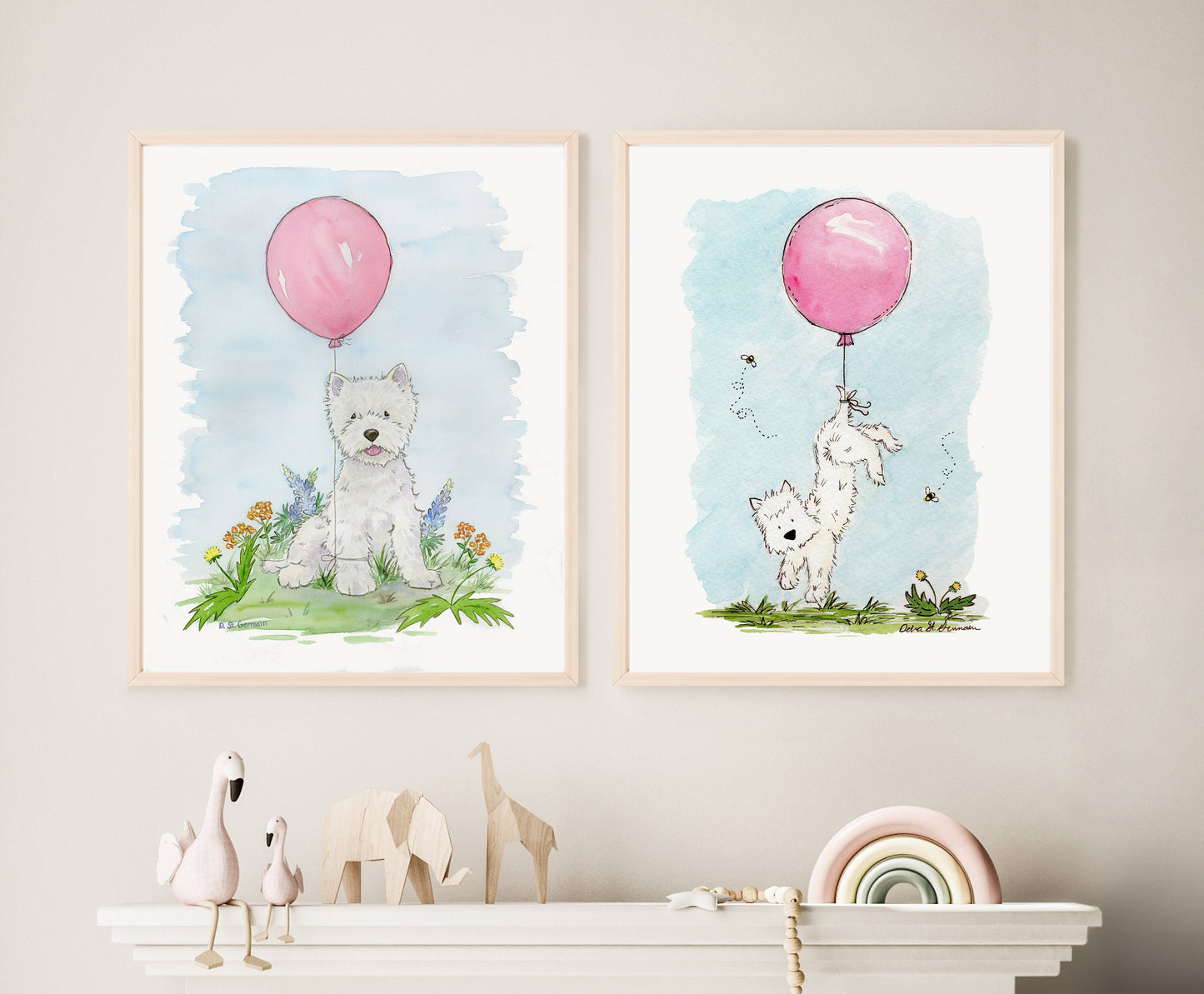 Westie Art Print, Children's Wall Art, West Highland White Terrier with Pink Balloon