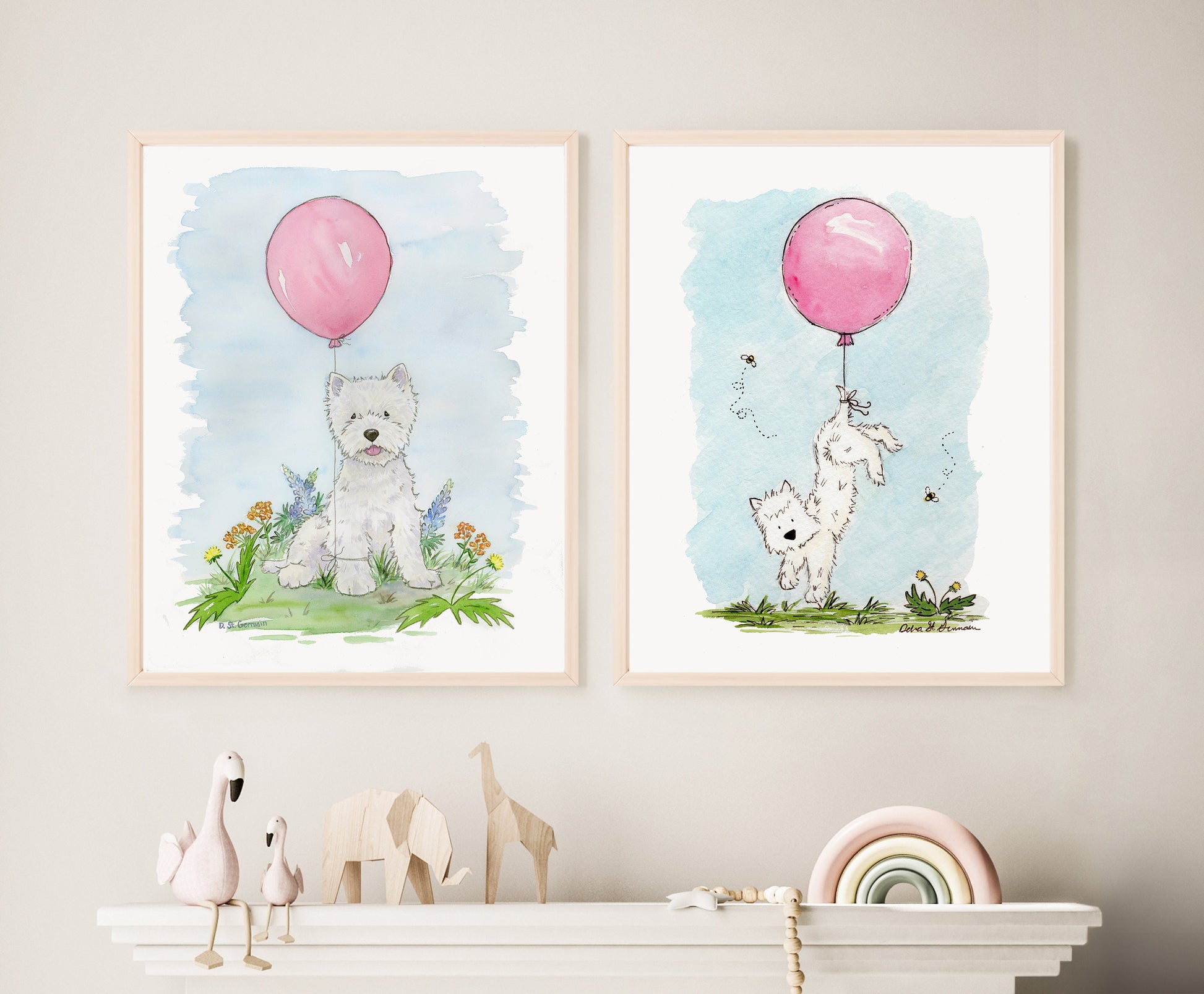 Westie Art Print, Children's Wall Art, West Highland White Terrier with Pink Balloon