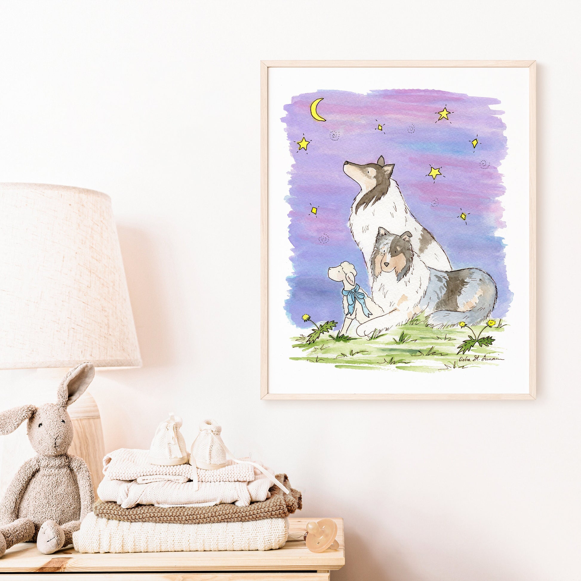 Collie Watercolor Art Print, Blue Merle Collies, The Wishing Star 2, Starry Sky Dog Art