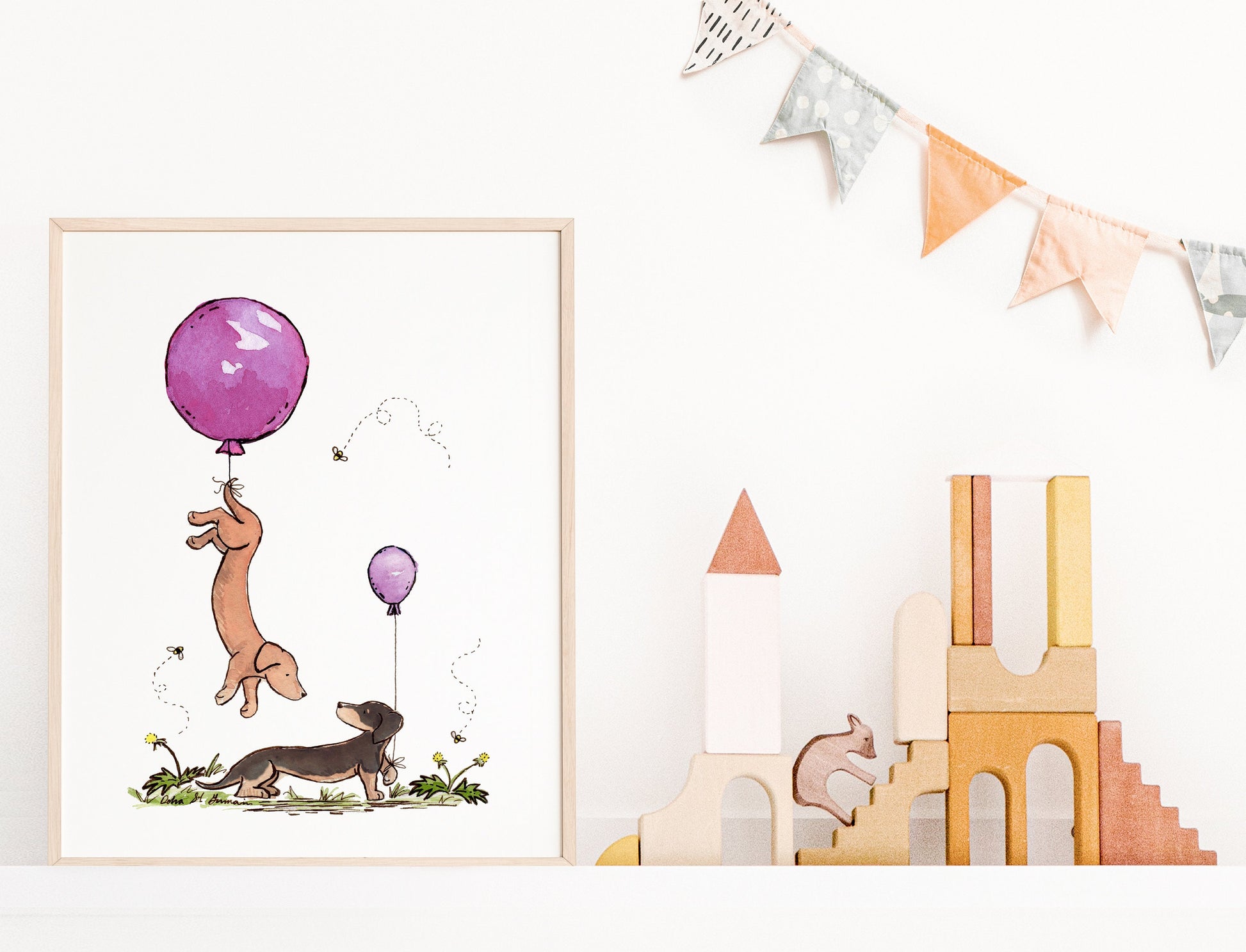 Dachshunds with Purple Balloons Art, Puppy Nursery Print