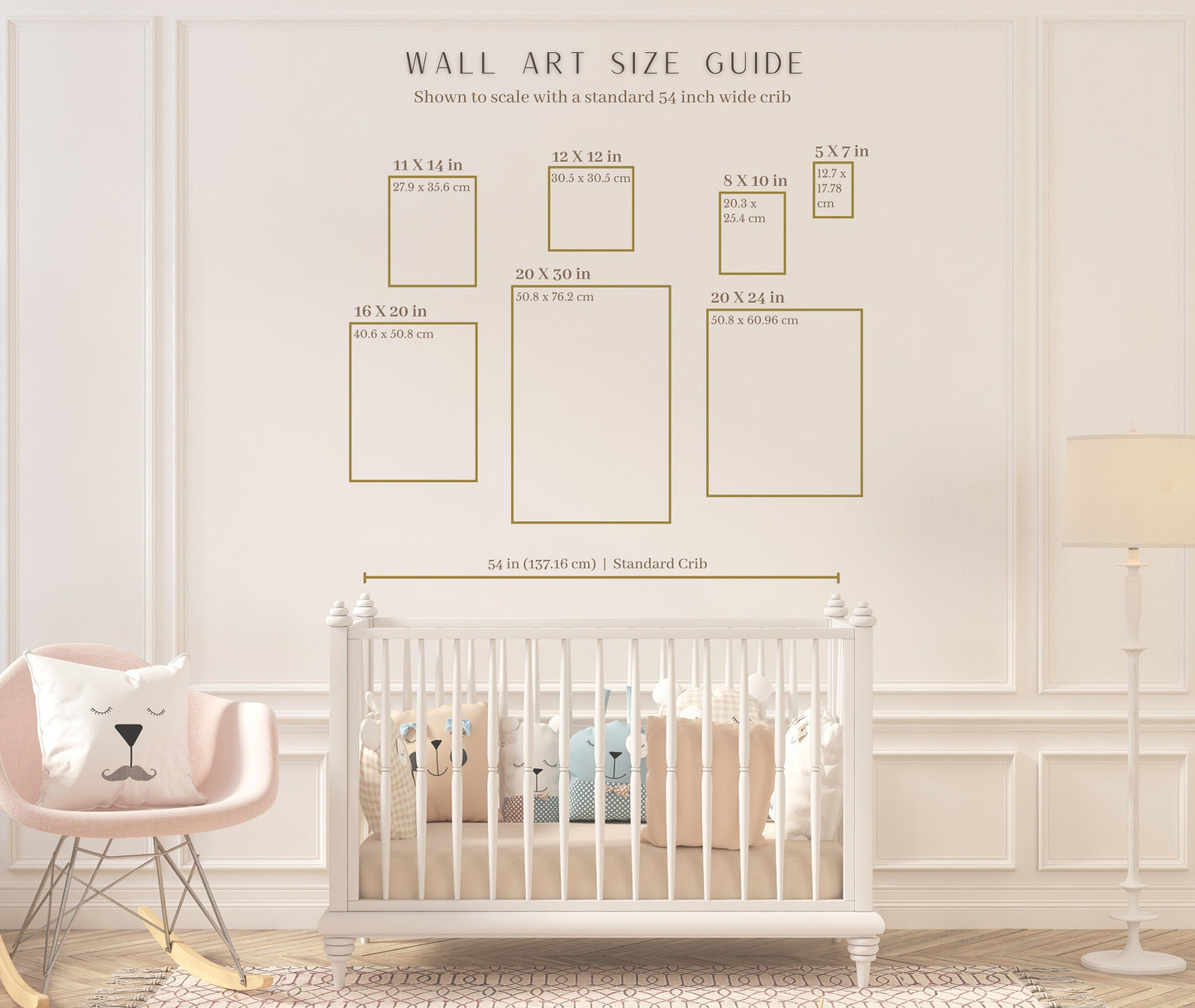 wall art size guide showing different sizes of frames on nursery wall.