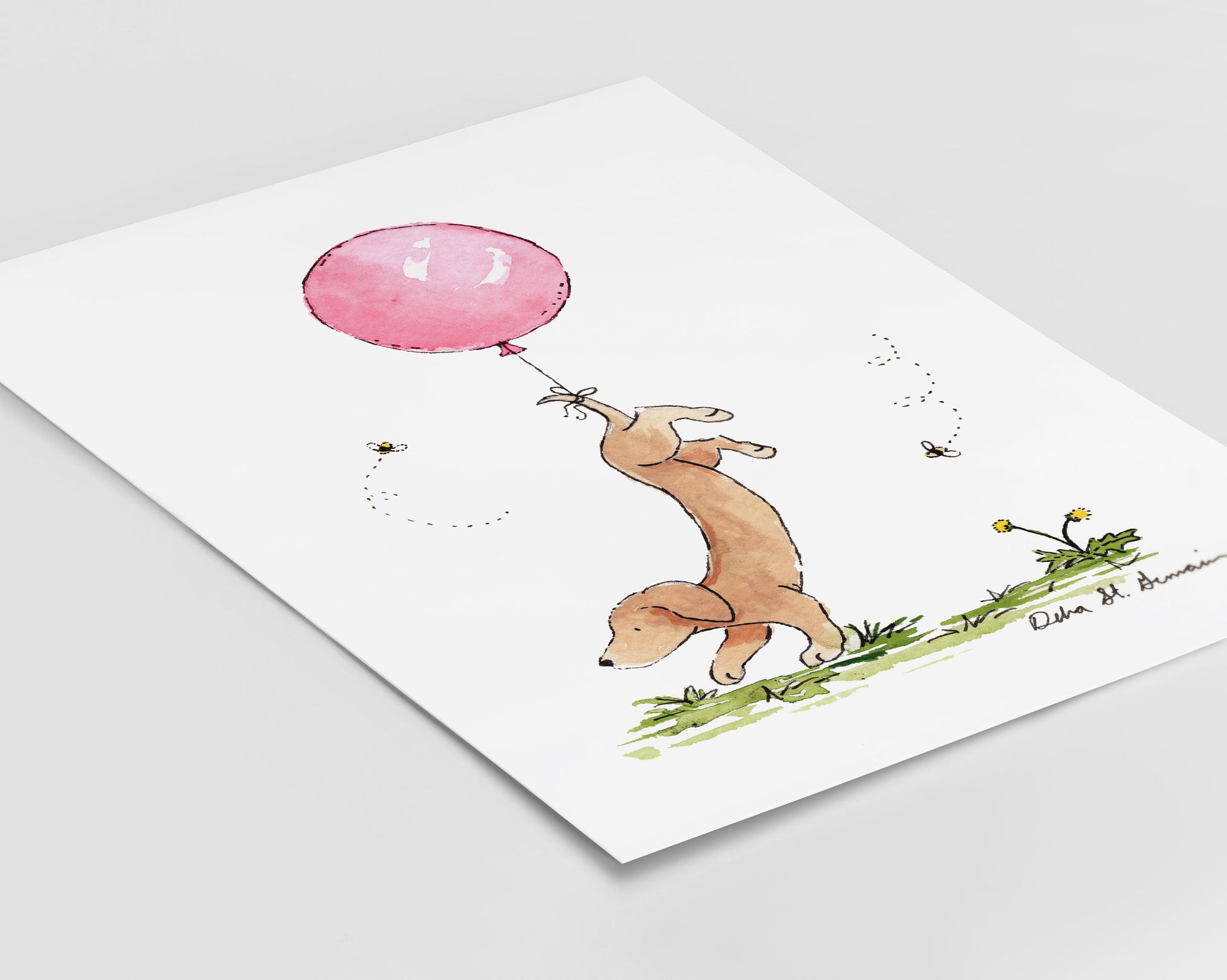 Dachshund with Pink Balloon Art Print, Puppy Nursery Art, Wiener Dog Gift