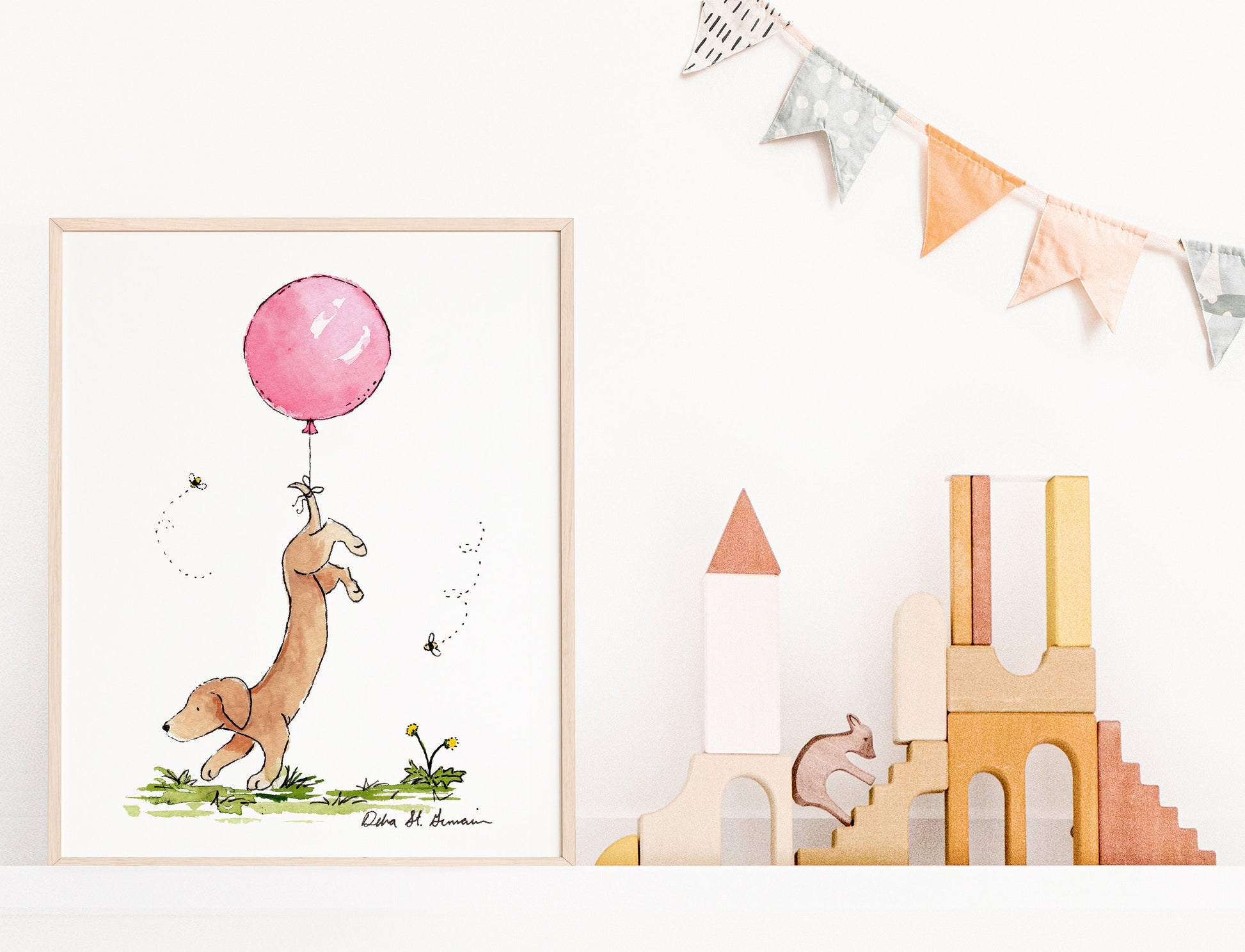 Dachshund with Pink Balloon Art Print, Puppy Nursery Art, Wiener Dog Gift