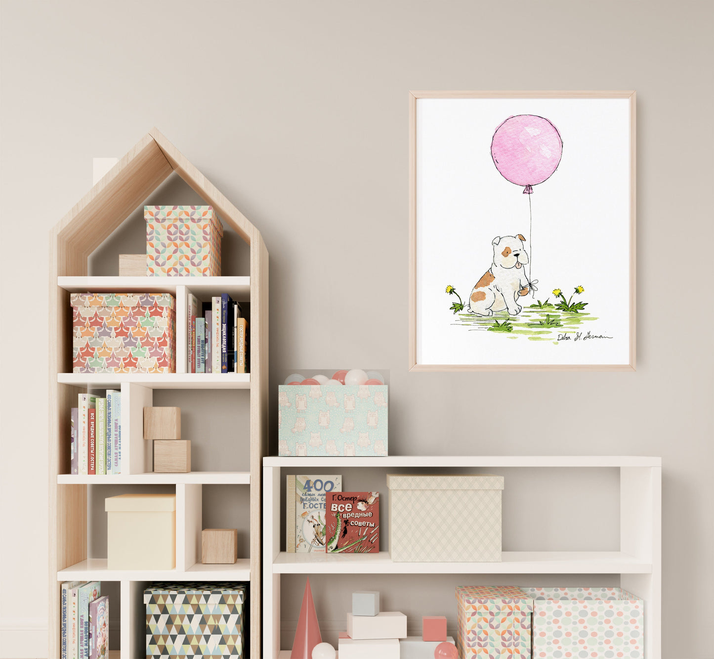 Bulldog with Pink Balloon Print