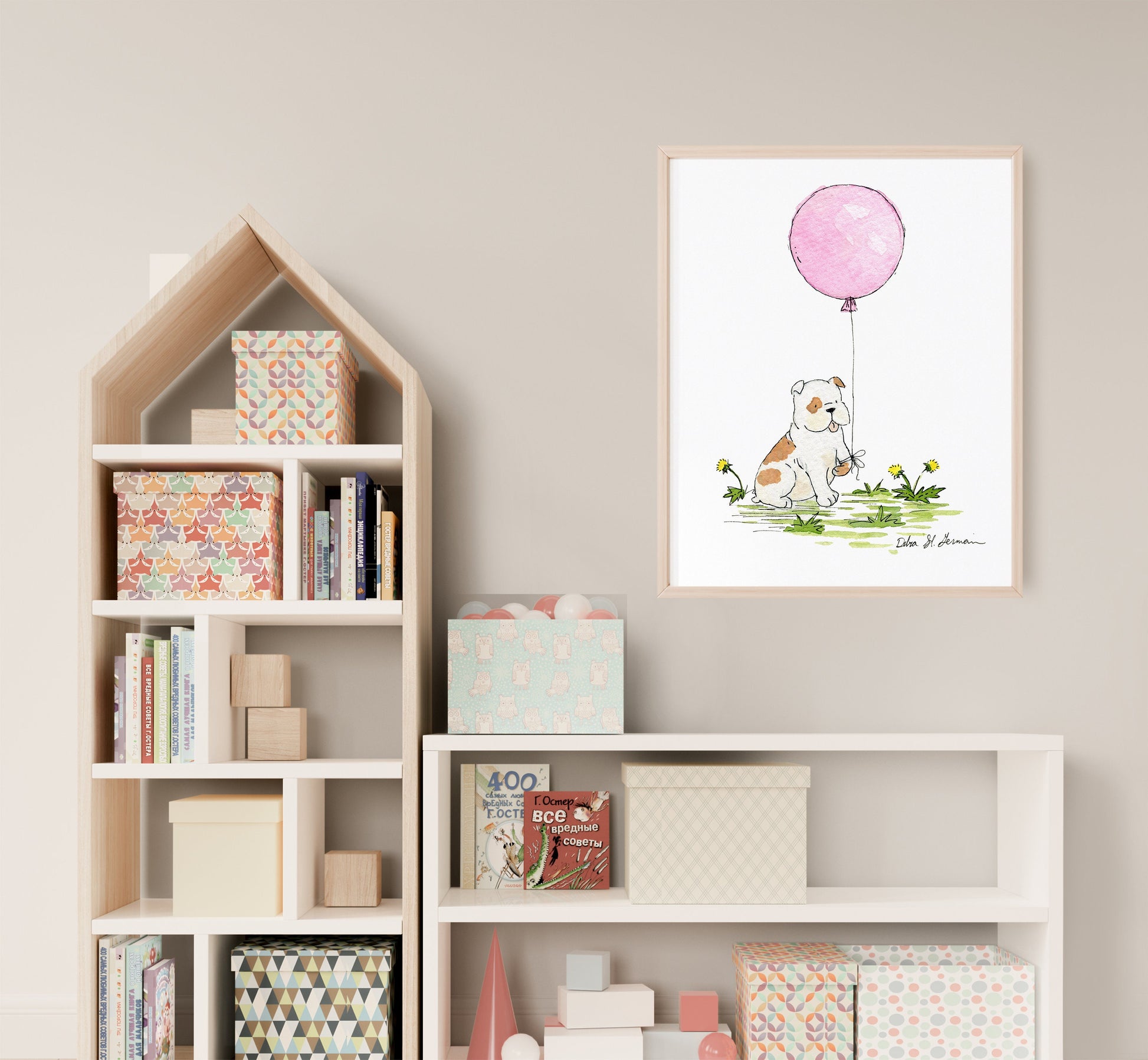 Bulldog with Pink Balloon Print