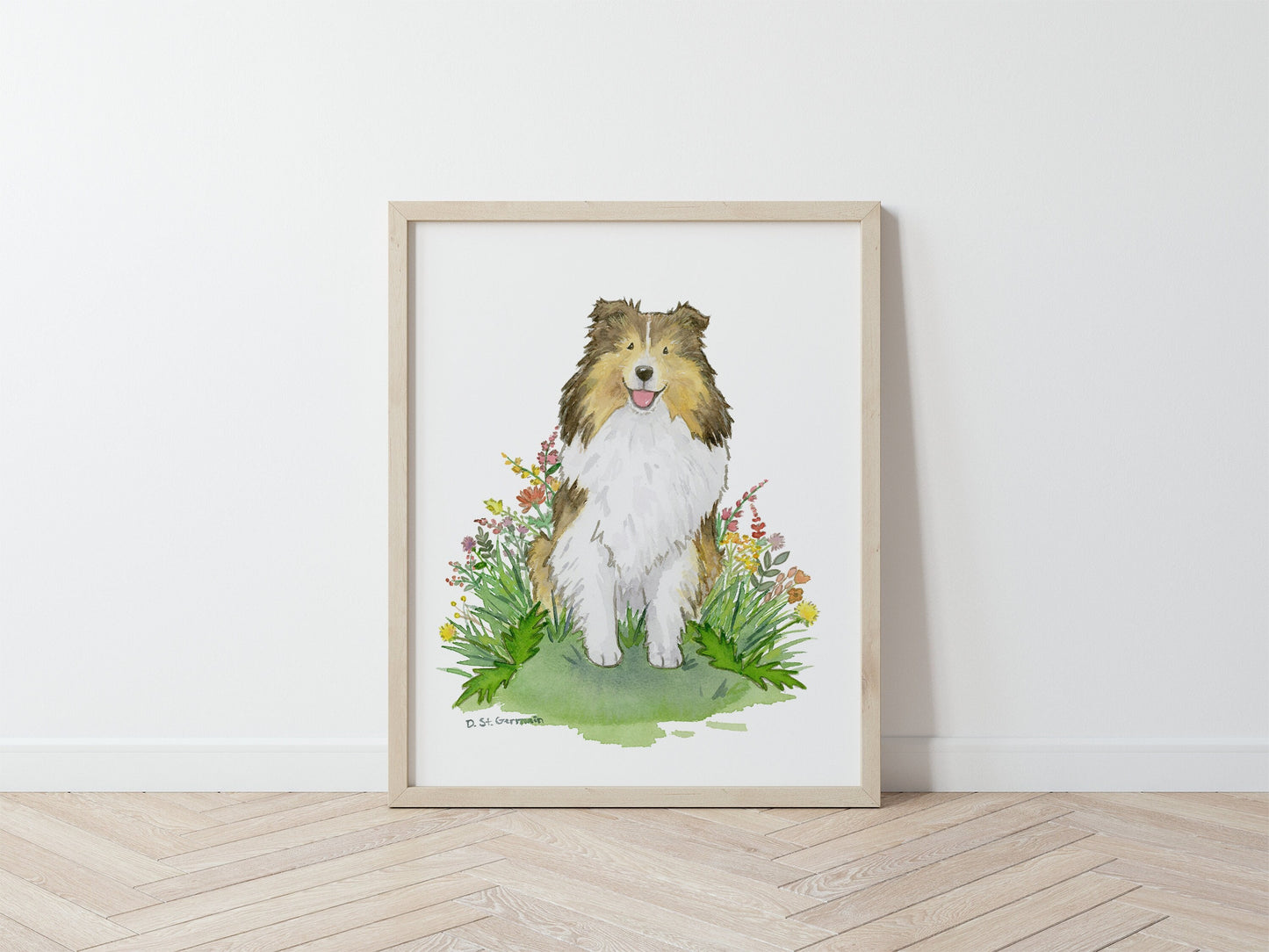 Sable Shetland Sheepdog with Flowers Watercolor Art Print, Gift for Sheltie Lovers