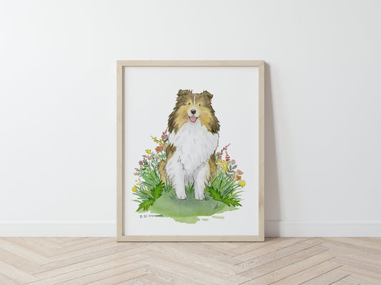 Sable Shetland Sheepdog with Flowers Watercolor Art Print, Gift for Sheltie Lovers
