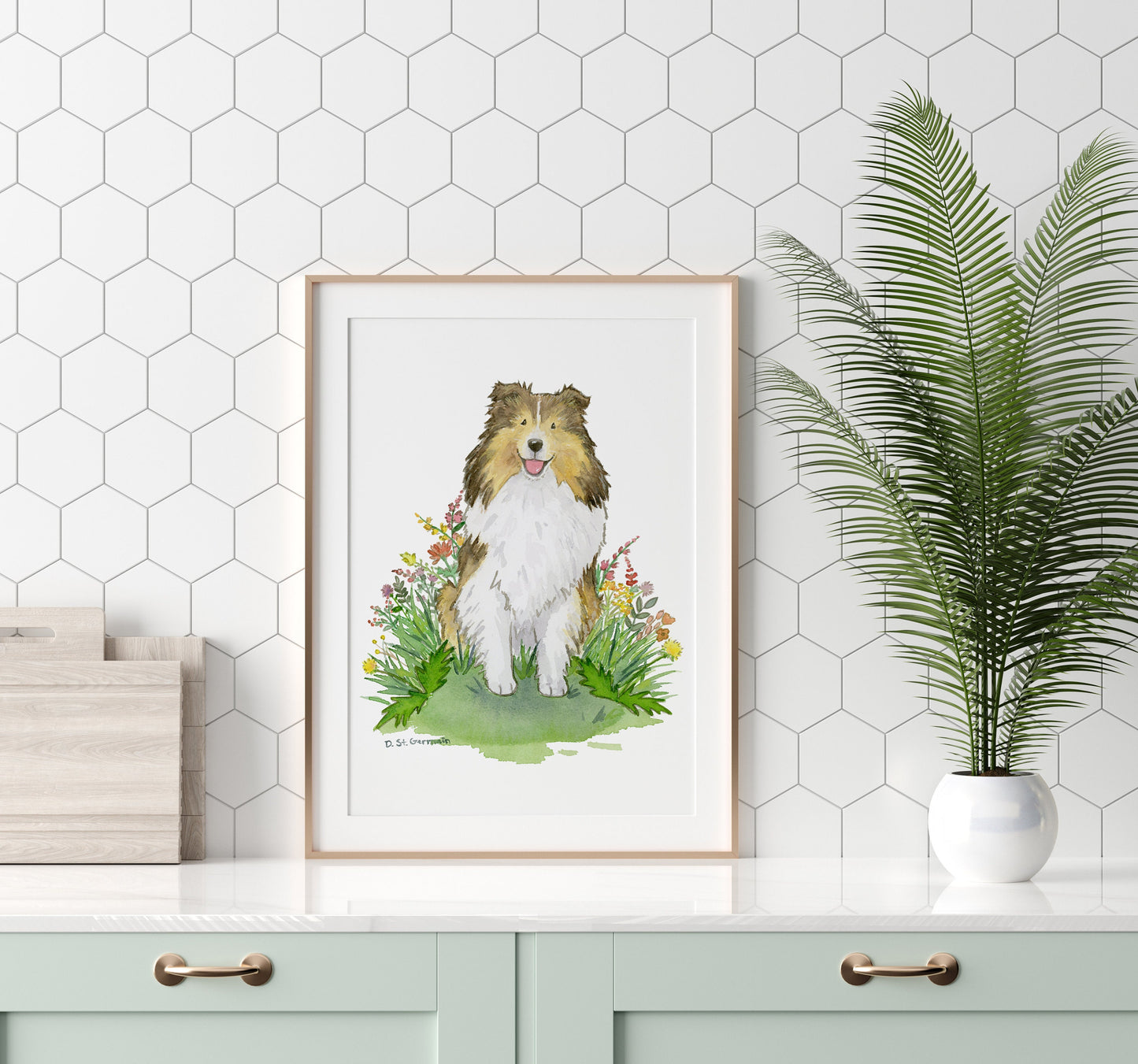 Sable Shetland Sheepdog with Flowers Watercolor Art Print, Gift for Sheltie Lovers