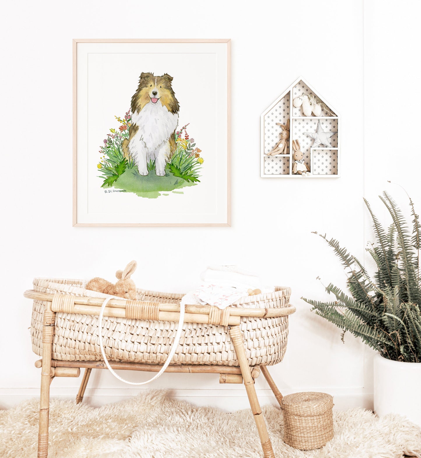 Sable Shetland Sheepdog with Flowers Watercolor Art Print, Gift for Sheltie Lovers