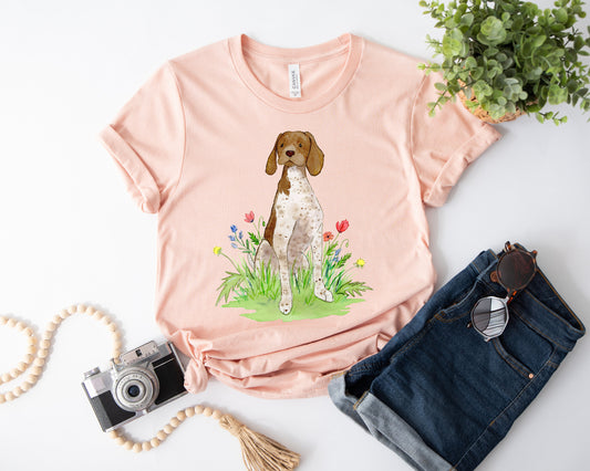 Kids tee shirt with German Shorthaired Pointer Dog and flowers on it.