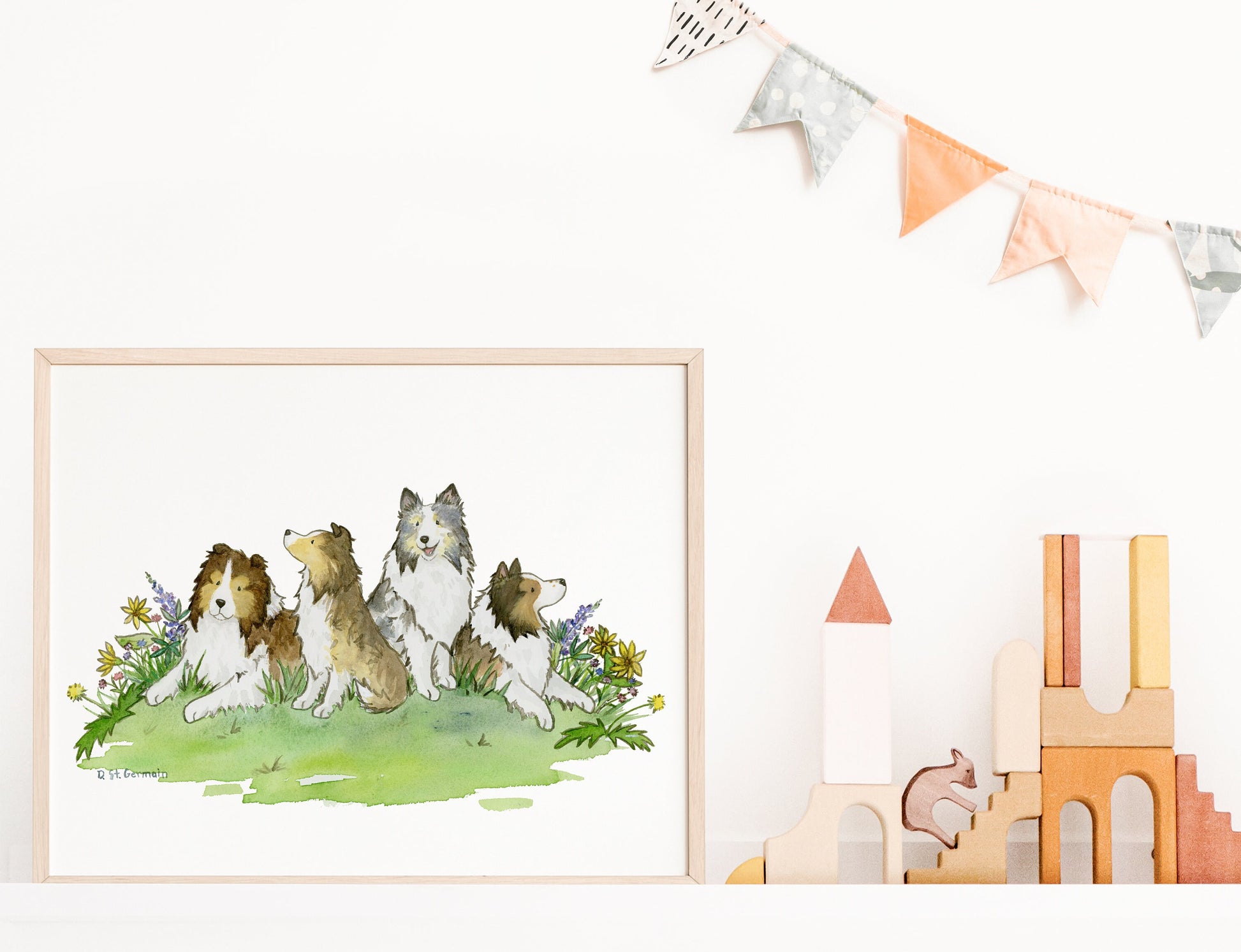 This is a print of an original watercolor painting of four Shetland sheepdogs sitting in colorful flowers.