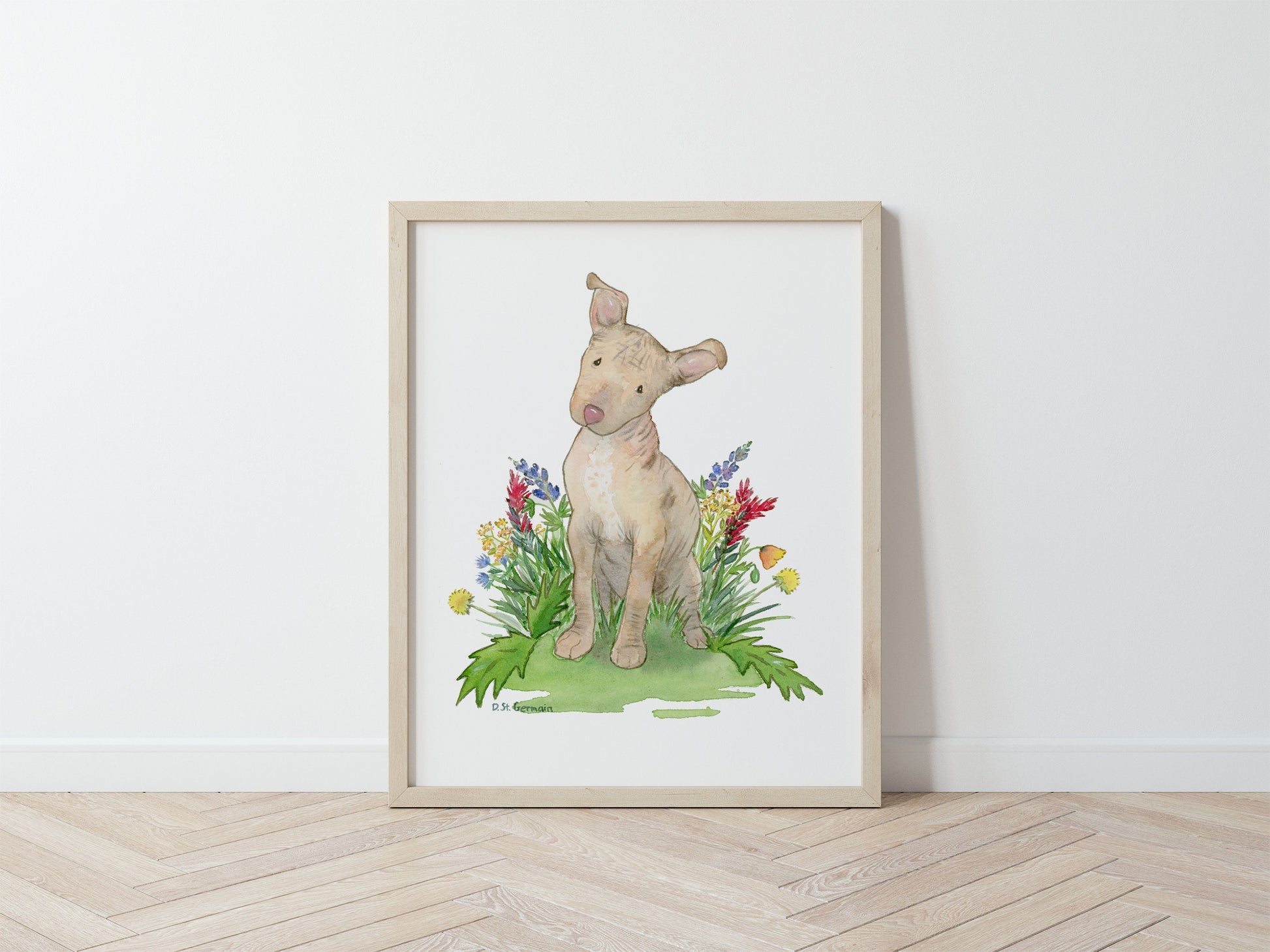 Watercolor painting of Xolo puppy and colorful wildflowers.