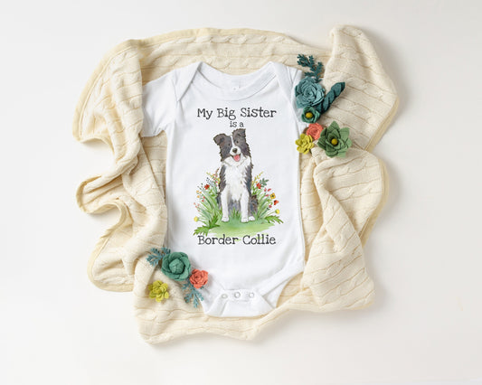 Baby bodysuit with a black and white border collie picture and "My big sister is a border collie" printed on it.