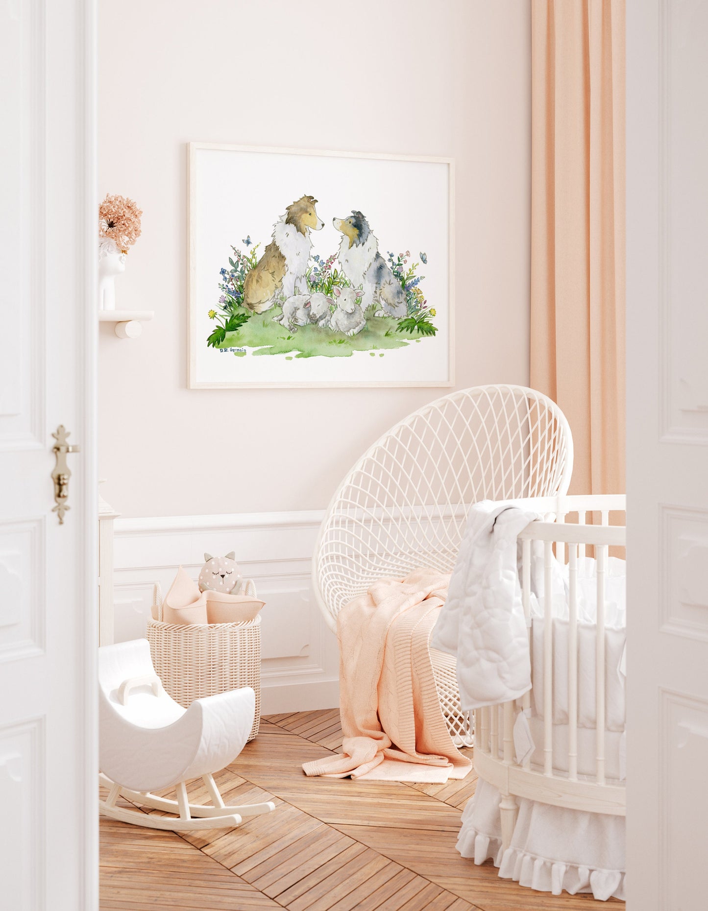 Watercolor print of a sable merle and blue merle sheltie with two little lambs sitting in wildflowers hanging in a baby girl's nursery.