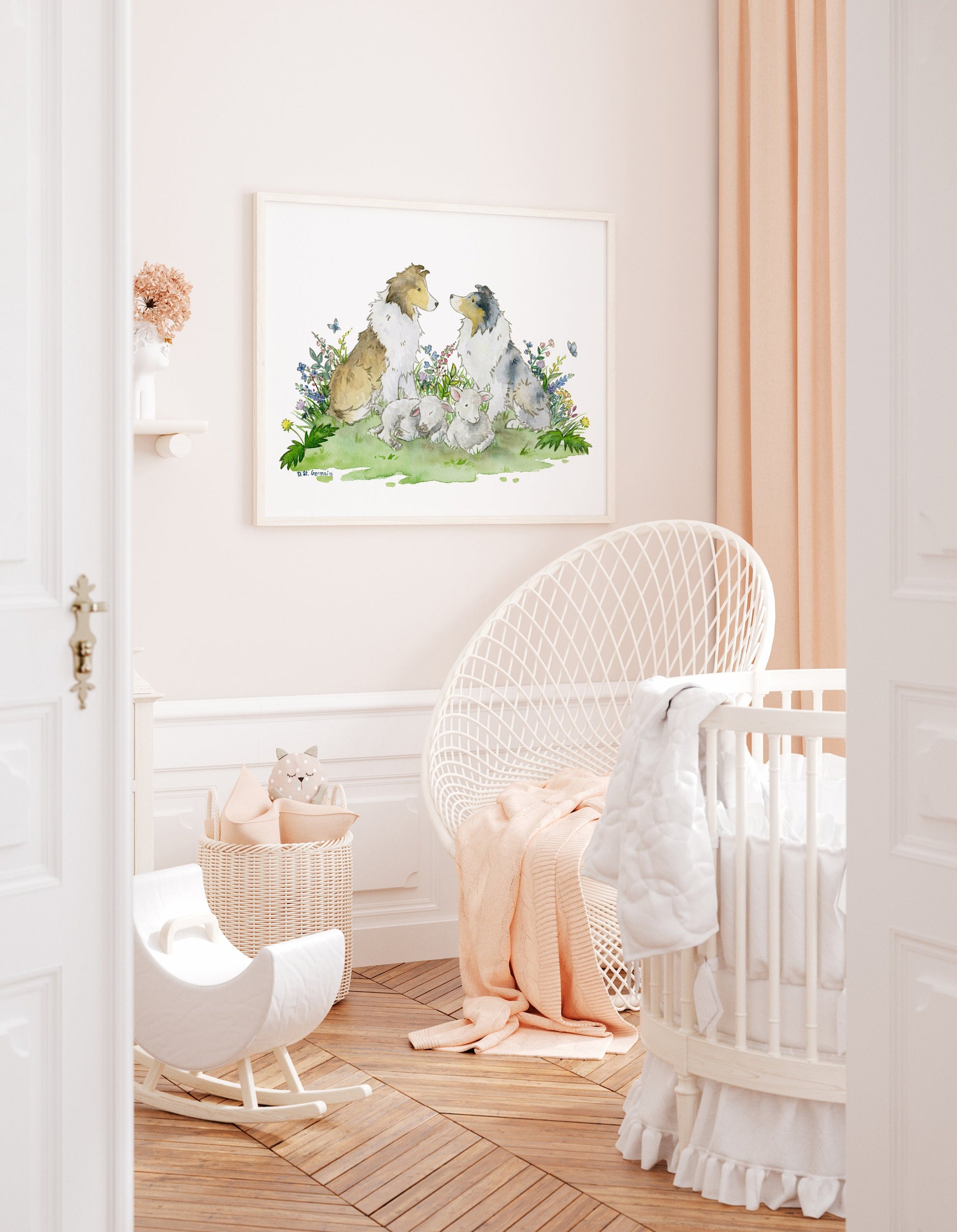 Watercolor print of a sable merle and blue merle sheltie with two little lambs sitting in wildflowers hanging in a baby girl's nursery.