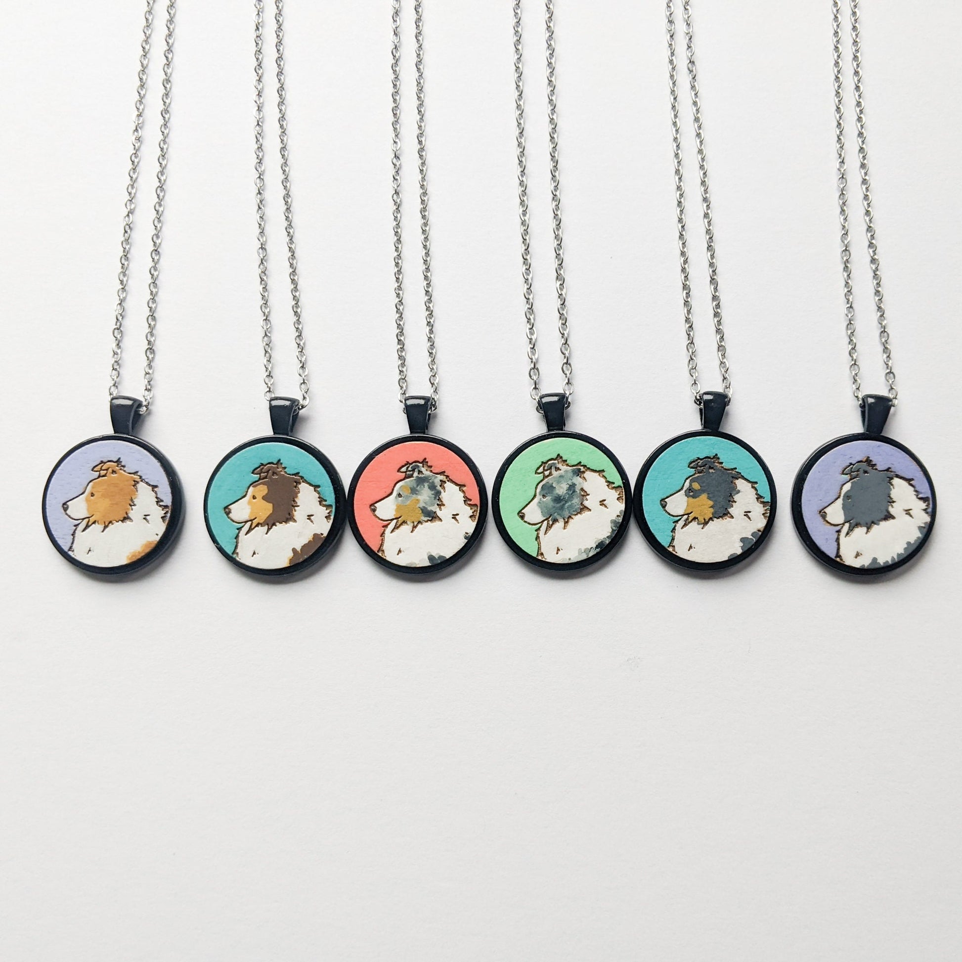 Sheltie Necklace, Hand painted Wooden Sheltie Necklace, Sheltie Gift, Shetland Sheepdog, Sheltie Lover, Sable, Blue Merle, Tri Color