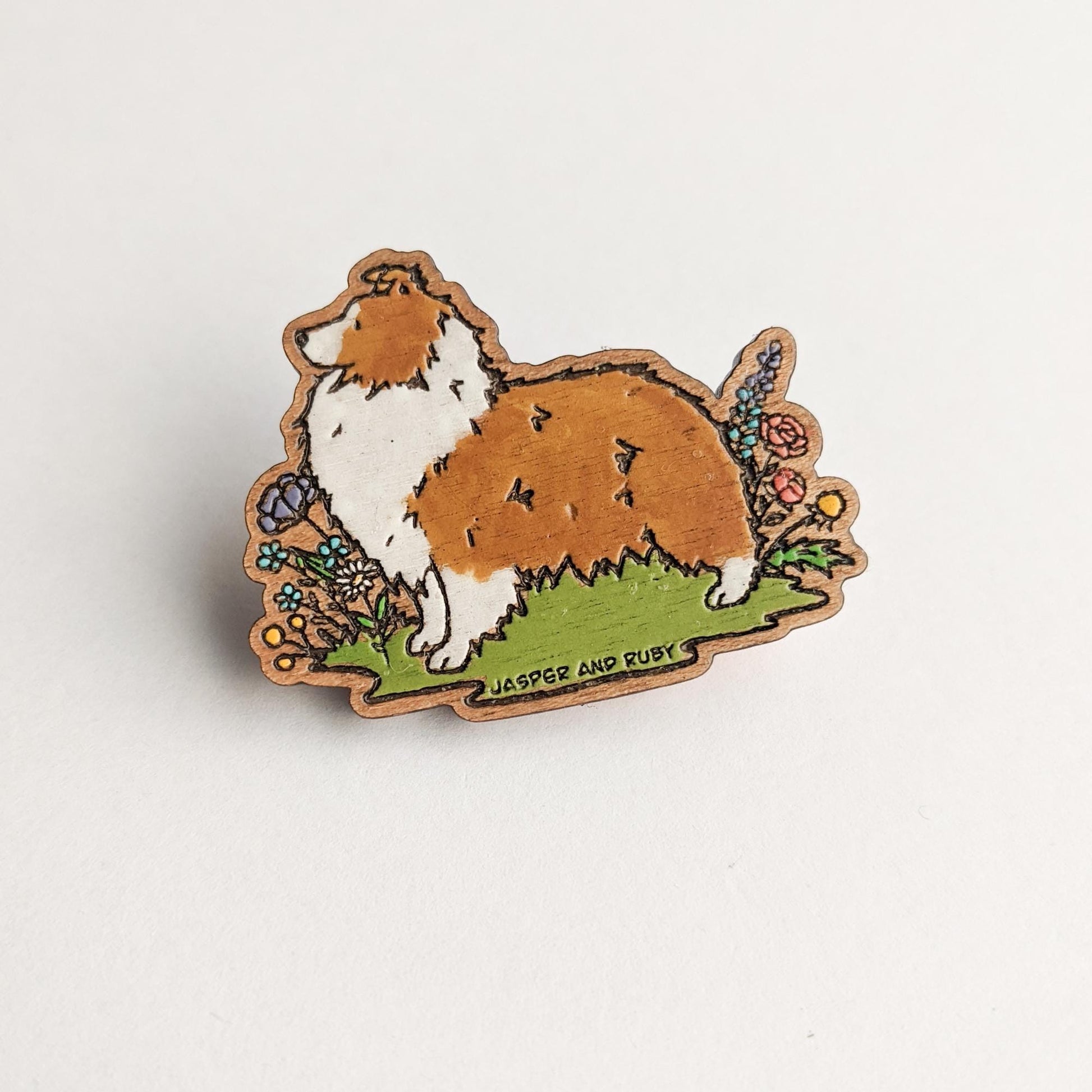 Wooden Sheltie Pin, Laser Engraved Wooden Pin, Shetland Sheepdog Pin, Hand Painted, Sheltie Gift, Sheltie Lover, Stocking Stuffer